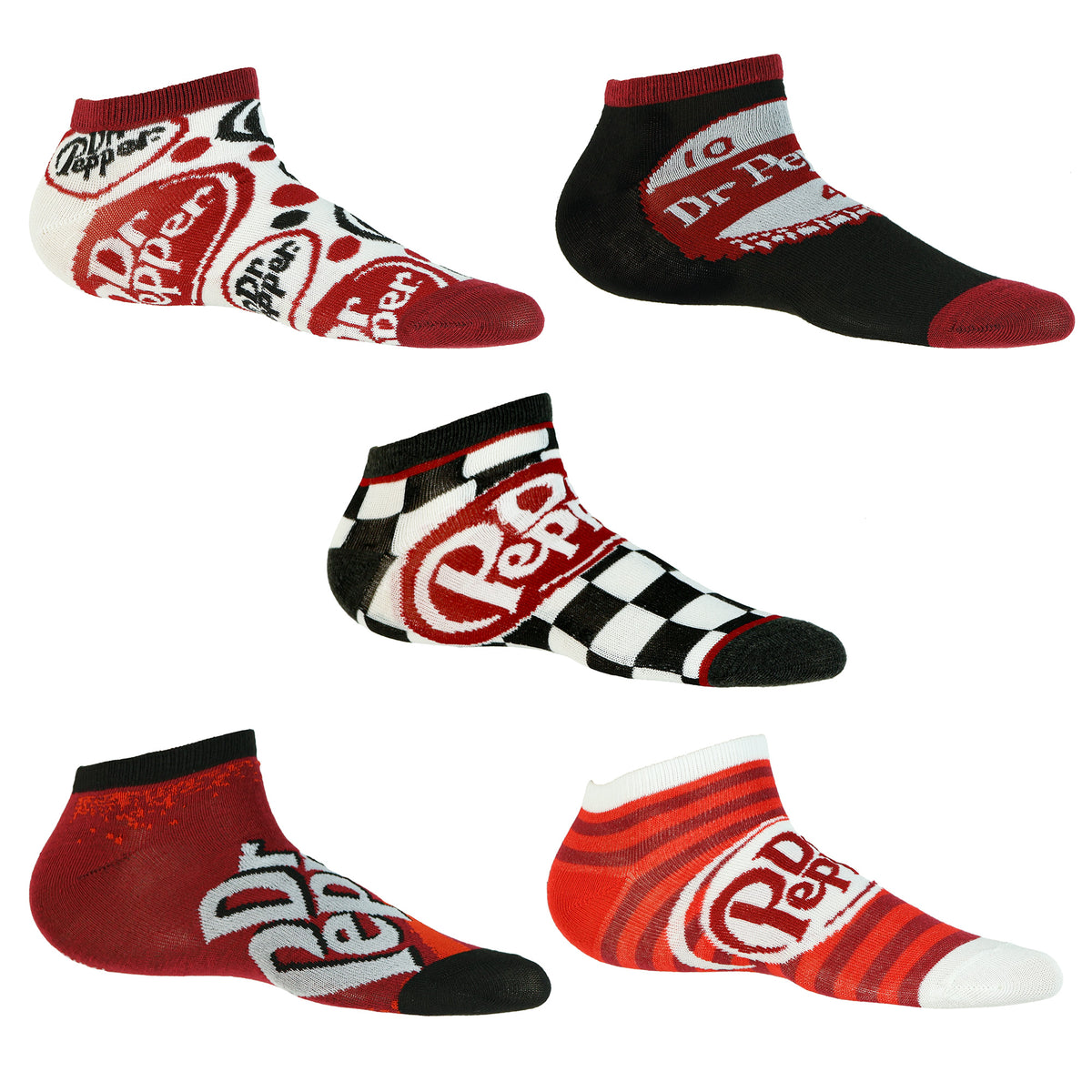 Dr. Pepper Mix and Match Logo Designs Adult 5-Pack No Show Ankle Socks 5 Pairs