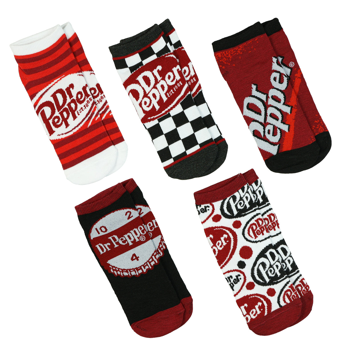 Dr. Pepper Mix and Match Logo Designs Adult 5-Pack No Show Ankle Socks 5 Pairs