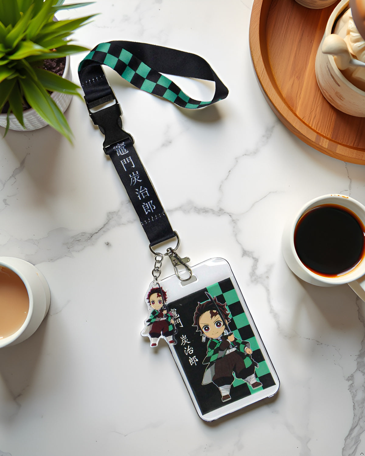 Demon Slayer Checkerboard Design Wrist Lanyard with ID Card and Plastic Charm