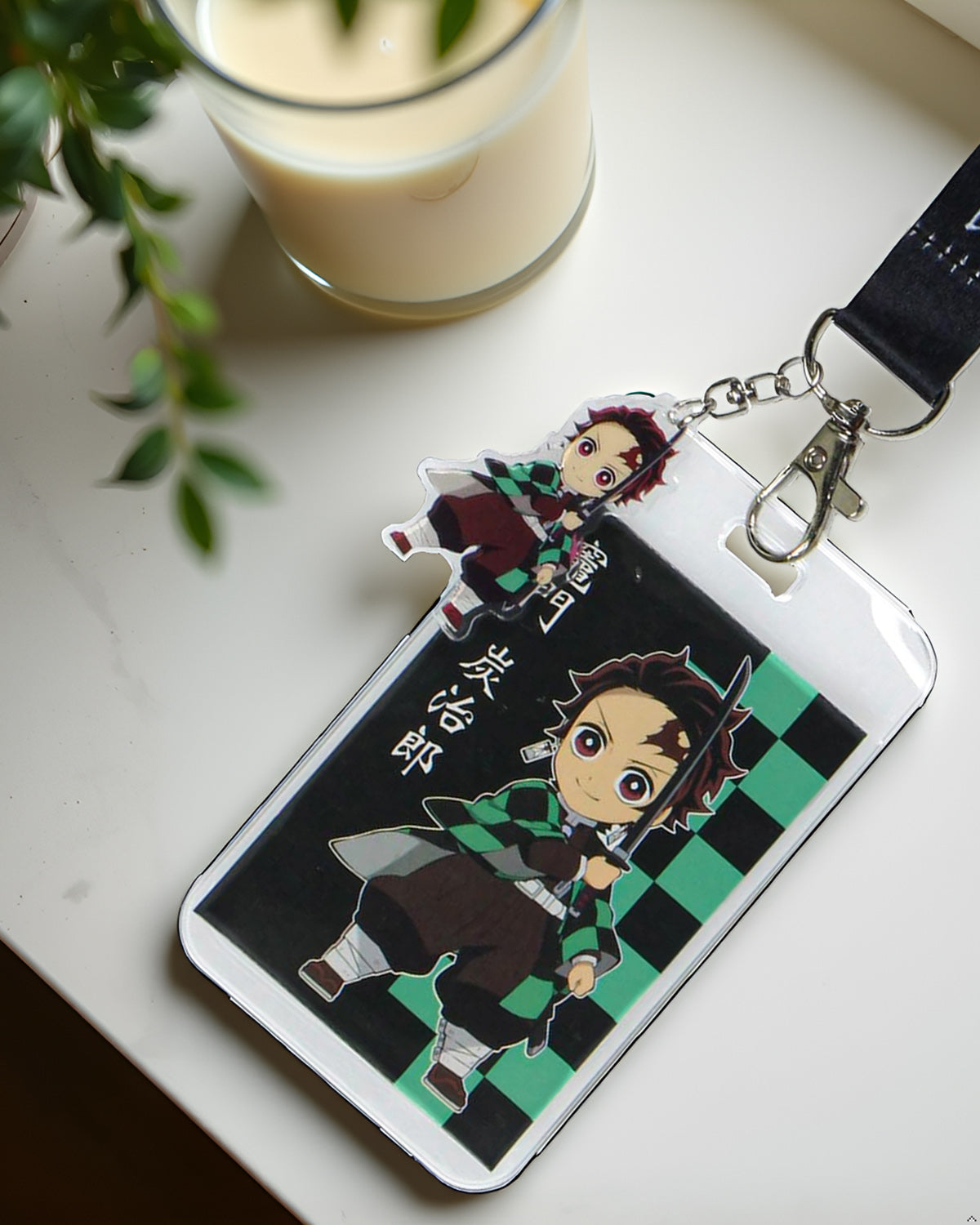 Demon Slayer Checkerboard Design Wrist Lanyard with ID Card and Plastic Charm