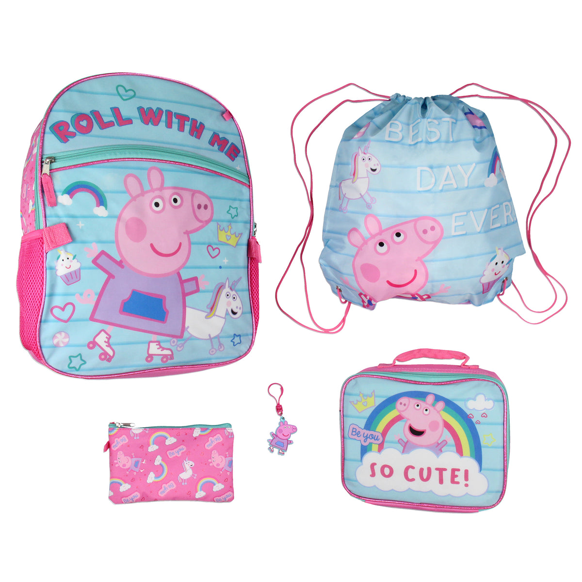 Peppa Pig Backpack Lunch Box Drawstring Bag Keychain Pencil Case 5 Piece Set 16"