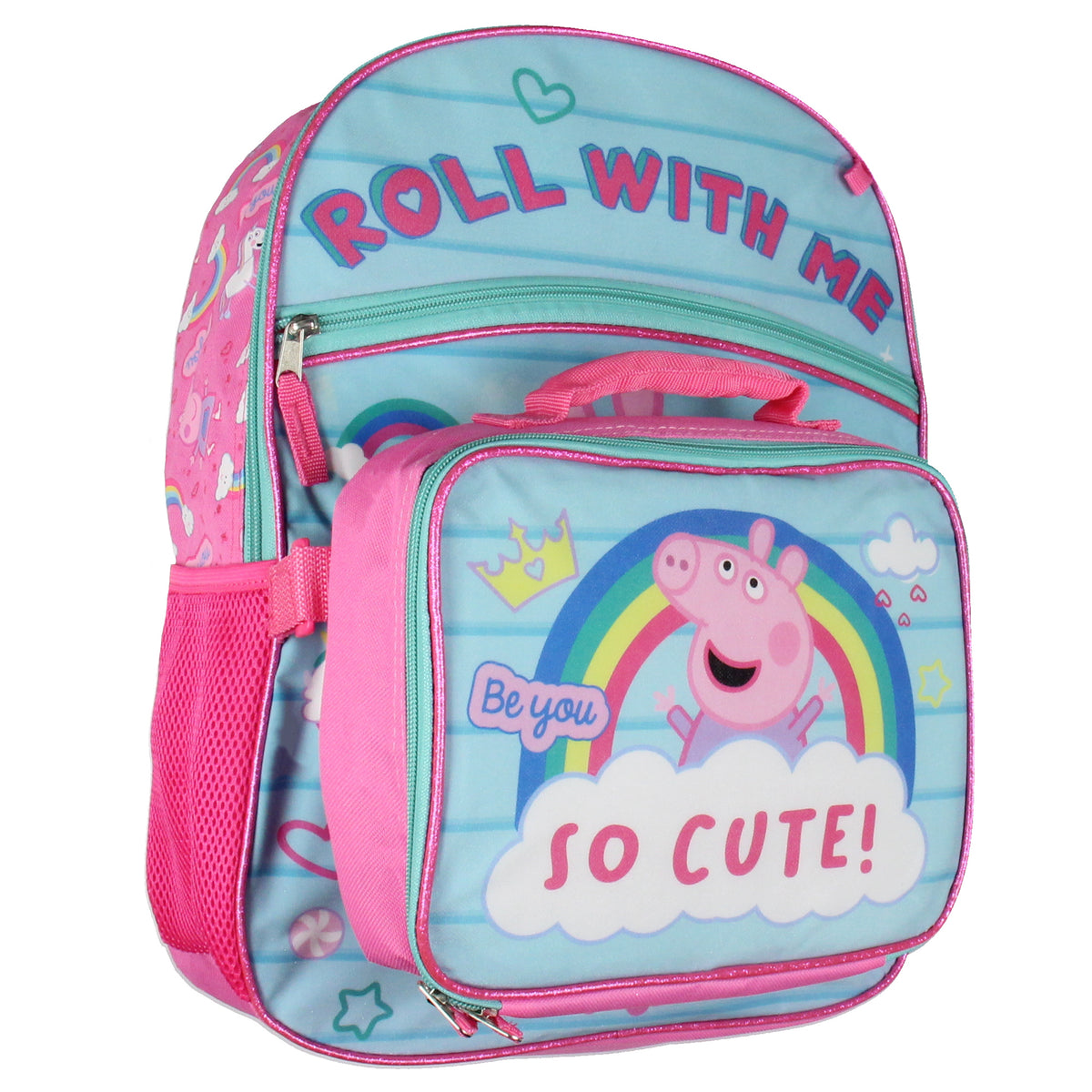 Peppa Pig Backpack Lunch Box Drawstring Bag Keychain Pencil Case 5 Piece Set 16"