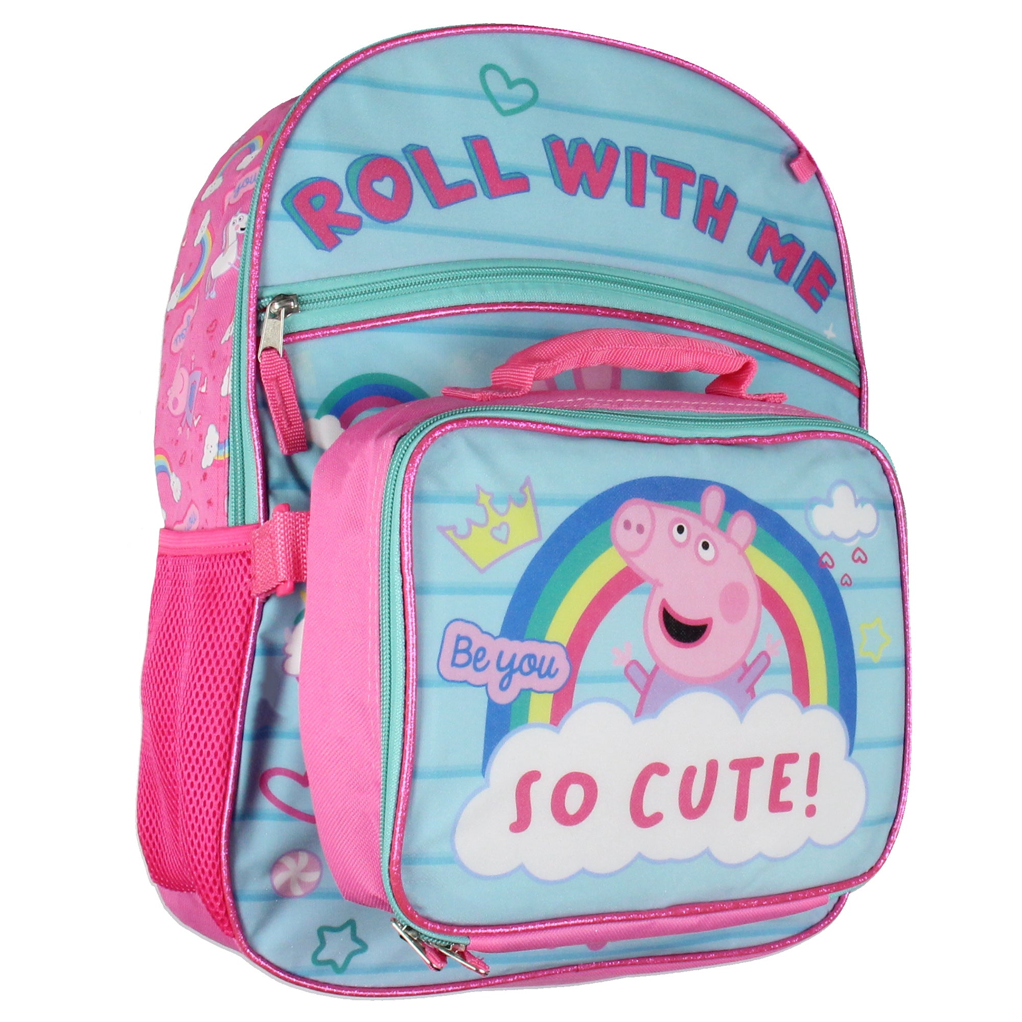 Peppa Pig Backpack Lunch Box Drawstring Bag Keychain Pencil Case 5 Piece Set 16"