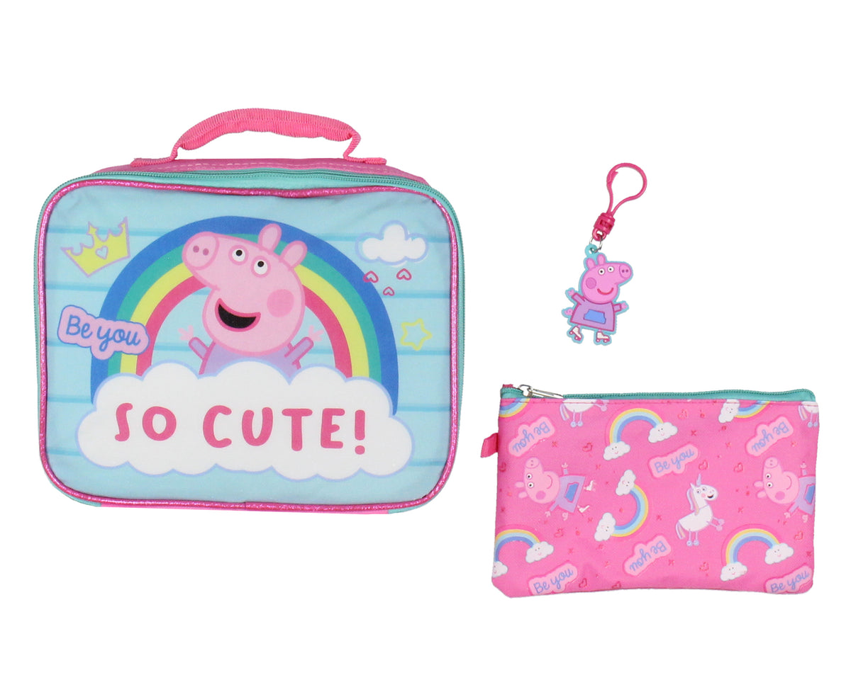 Peppa Pig Backpack Lunch Box Drawstring Bag Keychain Pencil Case 5 Piece Set 16"