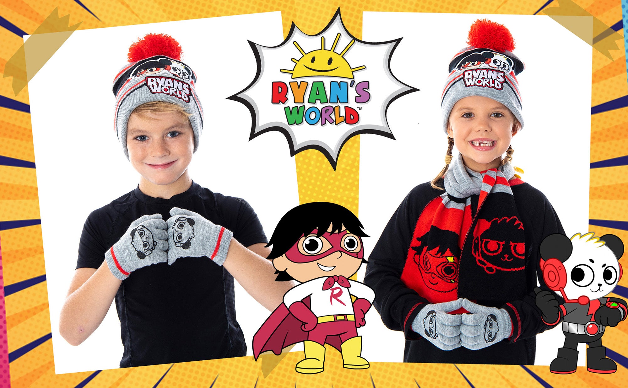 Ryan's World Kids Ryan and Combo Panda Gloves Scarf And Pom Beanie 3 Piece Set