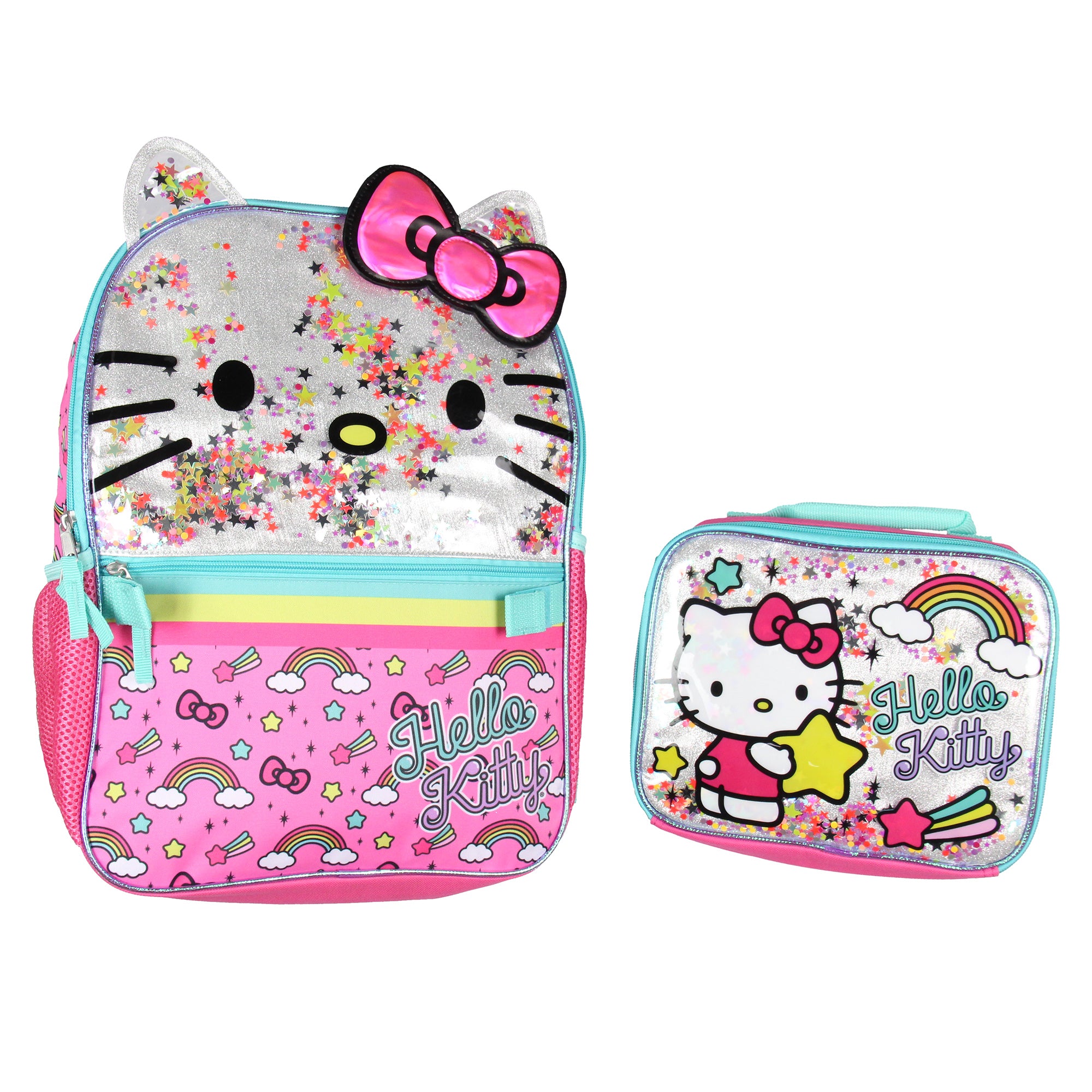 Sanrio Hello Kitty Glitter 2 Piece School Travel Backpack Set For Girls With Lunch Bag 16"