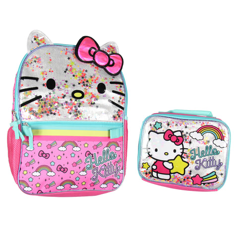 Sanrio Hello Kitty Glitter 2 Piece School Travel Backpack Set For Girls With Lunch Bag