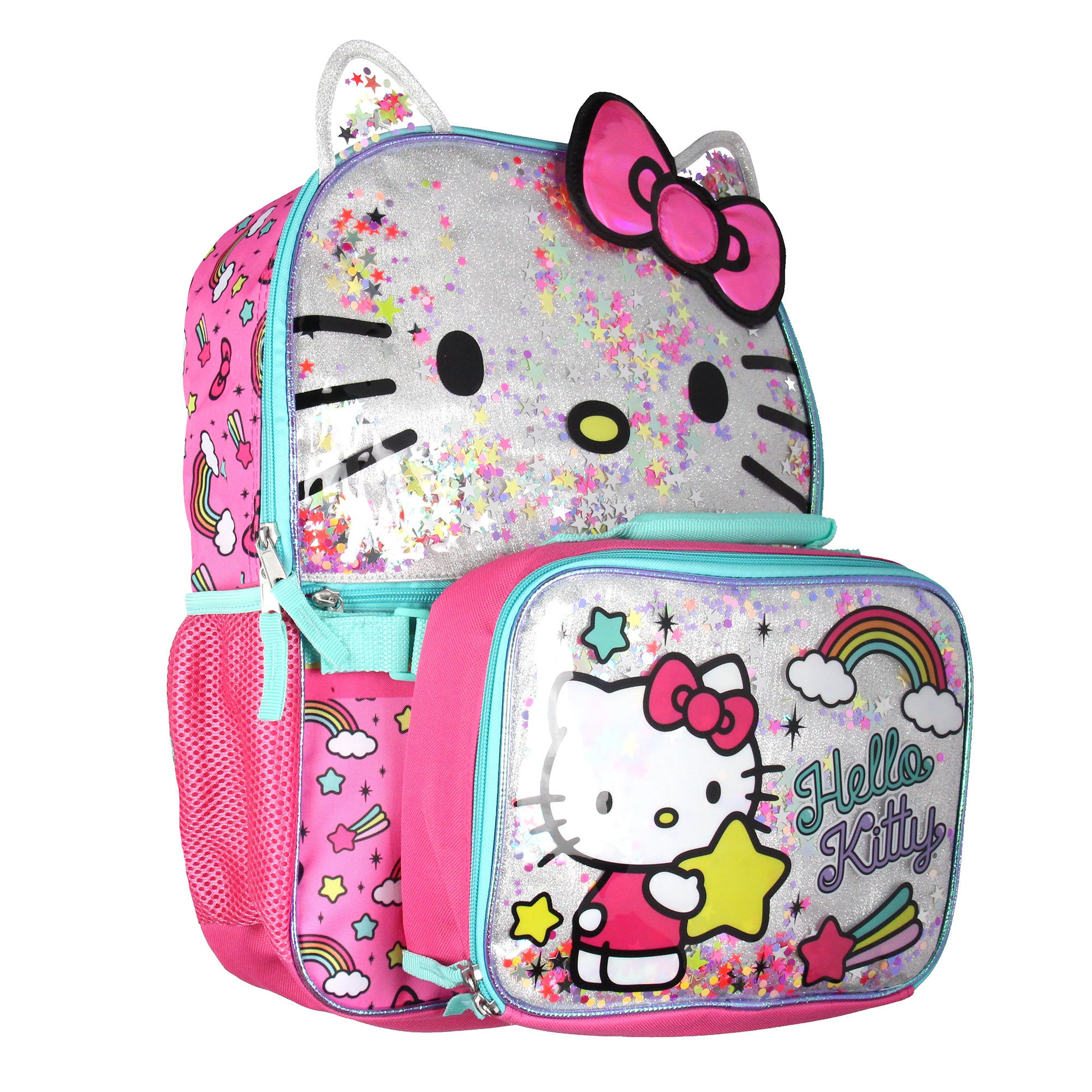 Sanrio Hello Kitty Glitter 2 Piece School Travel Backpack Set For Girls With Lunch Bag 16"