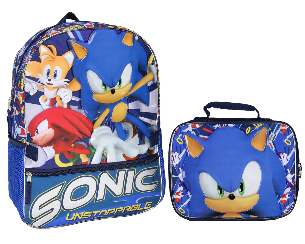 Sonic The Hedgehog School Travel Backpack 2 Piece Set With Detachable Lunch Box