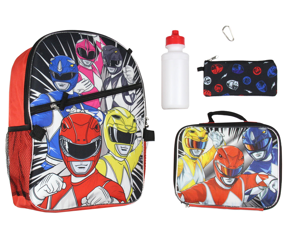 Power Rangers Backpack Set Lunch Box Gadget Water Bottle 5 Piece For Kids 16"