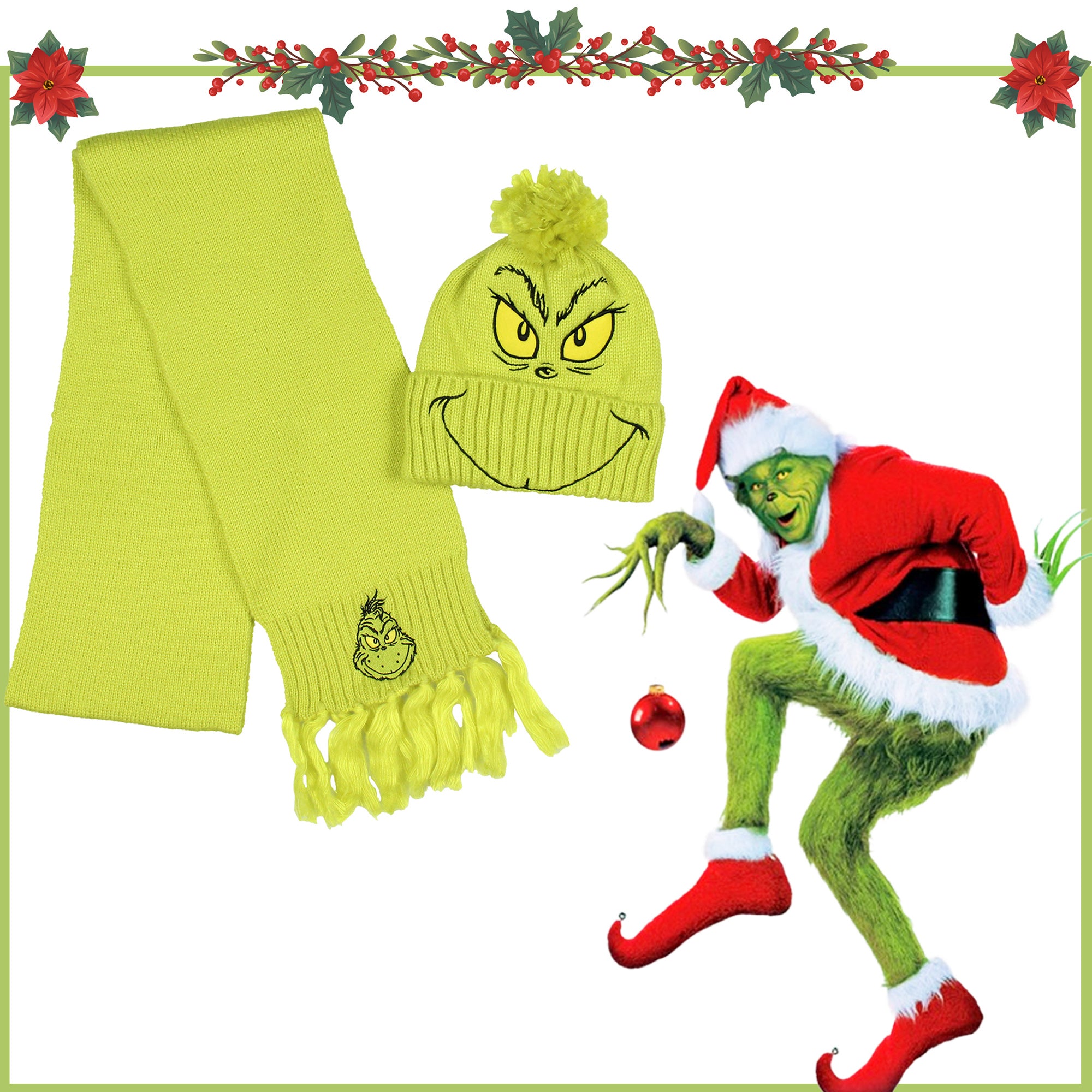 Dr. Seuss The Grinch Embroidered Design Knit Scarf and Pom Beanie Set
