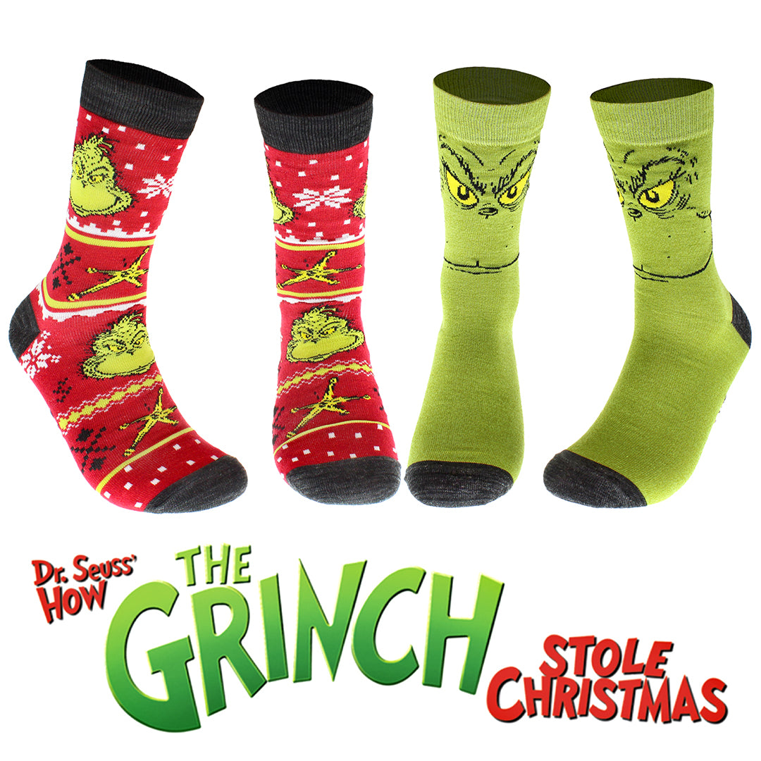 Dr. Seuss GRINCH Grinchmas Adult Holiday Crew Socks 2 Pair