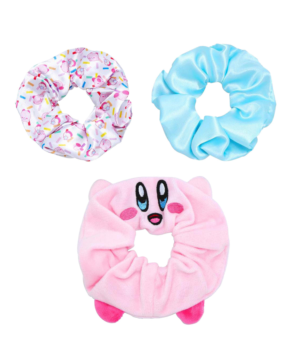 Nintendo Kirby 3 Pack Scrunchie Set Satin and Plush Character Accessory Hair Ties