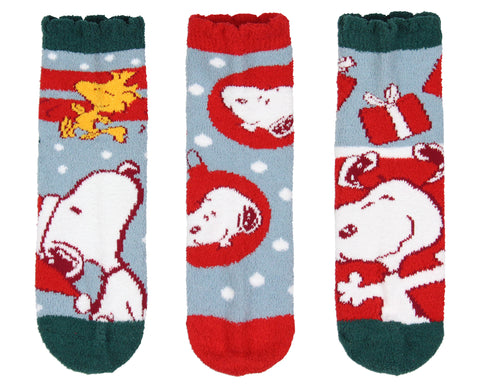 Peanuts Snoopy and Woodstock Holiday 3 Pair Chenille Quarter Crew Socks