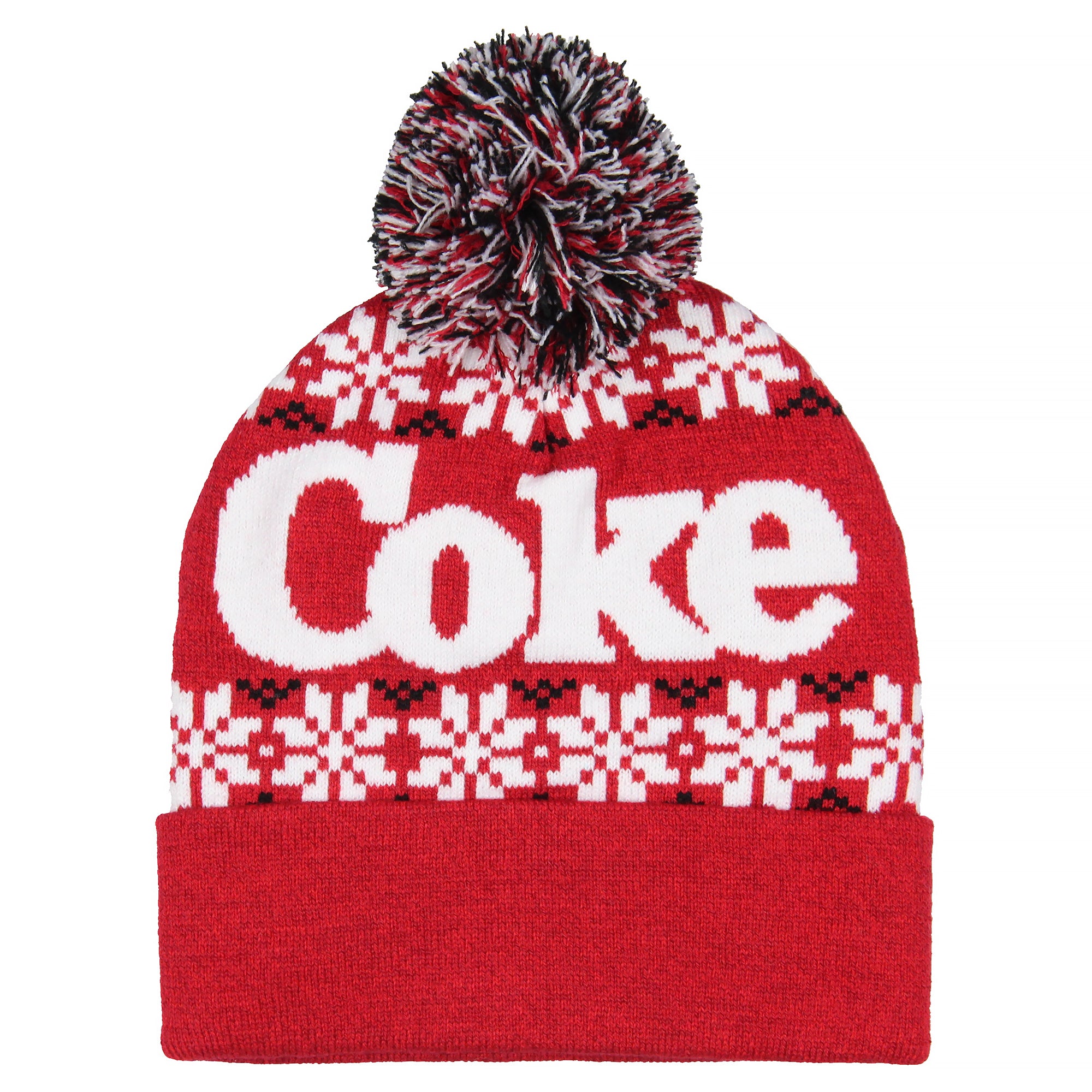 Coca-Cola Coke Fair isle Sweater Knit Polar Bear Logo Folded Cuff Pom Beanie