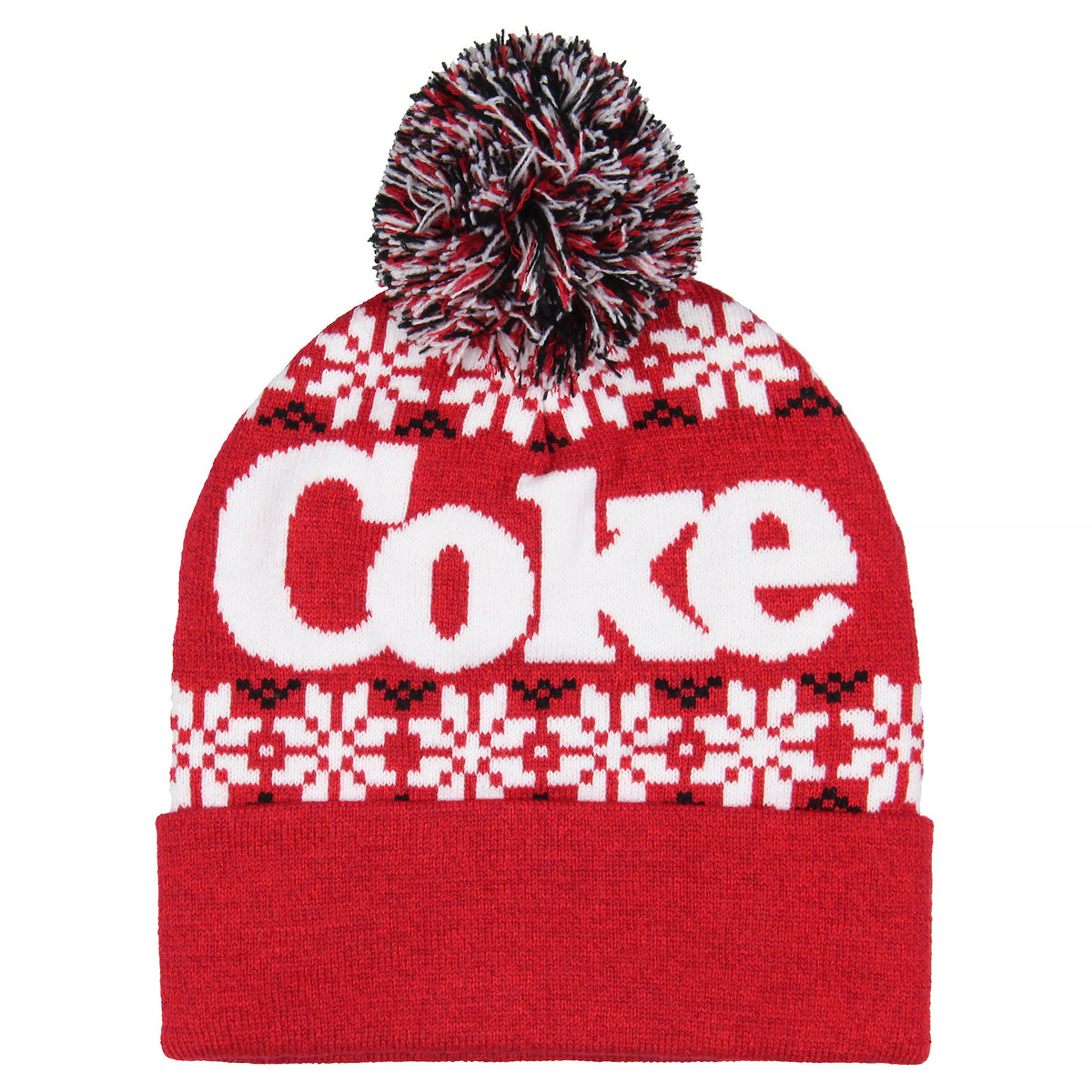 Coca-Cola Coke Fair isle Sweater Knit Polar Bear Logo Folded Cuff Pom Beanie