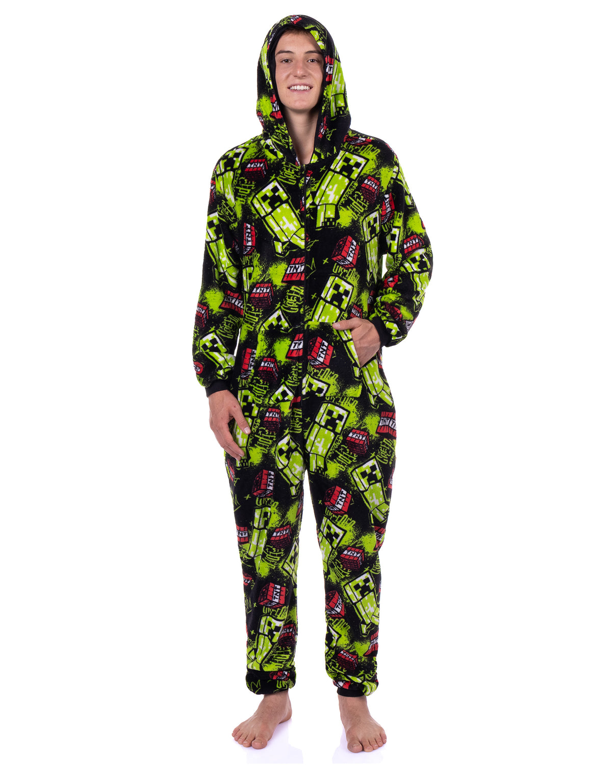 Minecraft Union Suit Creeper Design Adult Zip-Up Hooded Pajamas