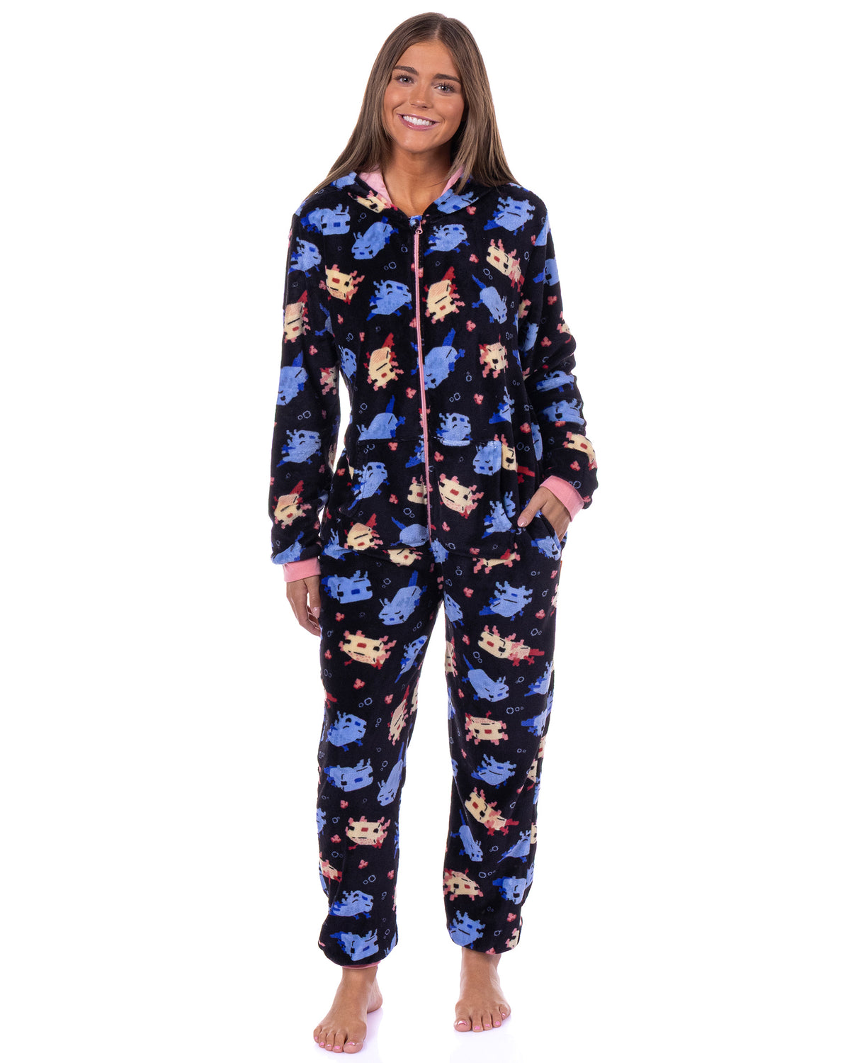 Minecraft Union Suit Axolotl Design Adult Zip-Up Hooded Pajamas