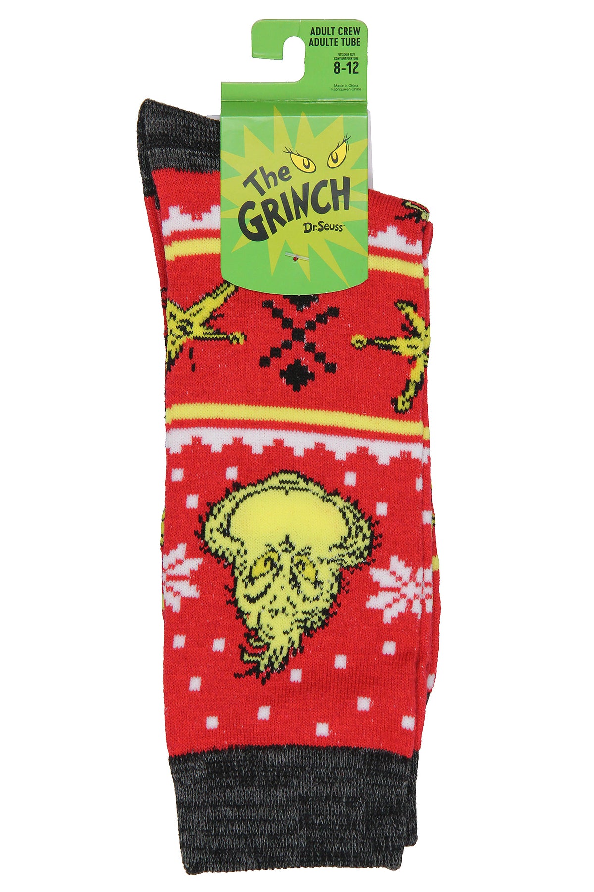 Dr Seuss The Grinch Adult Ugly Sweater Holiday Crew Socks 1 Pair Sock Size 10-13