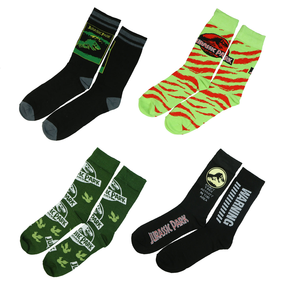 Jurassic Park Socks Men's Dinosaur T Rex Logo Crew Sock 4 Pair OSFM