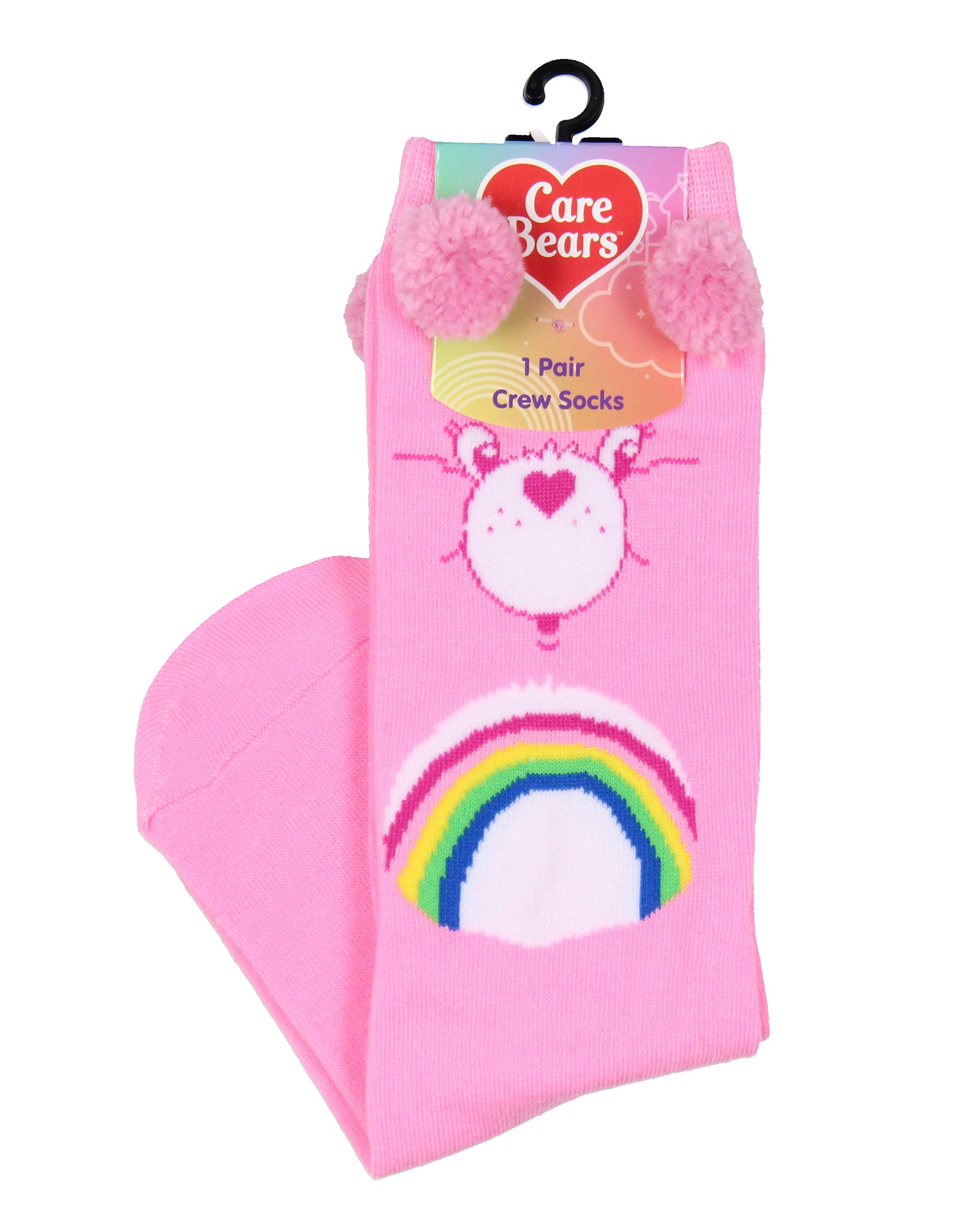 Care Bears Socks Women's Cheer Bear Design Pom-Pom Crew Socks Size 9-11