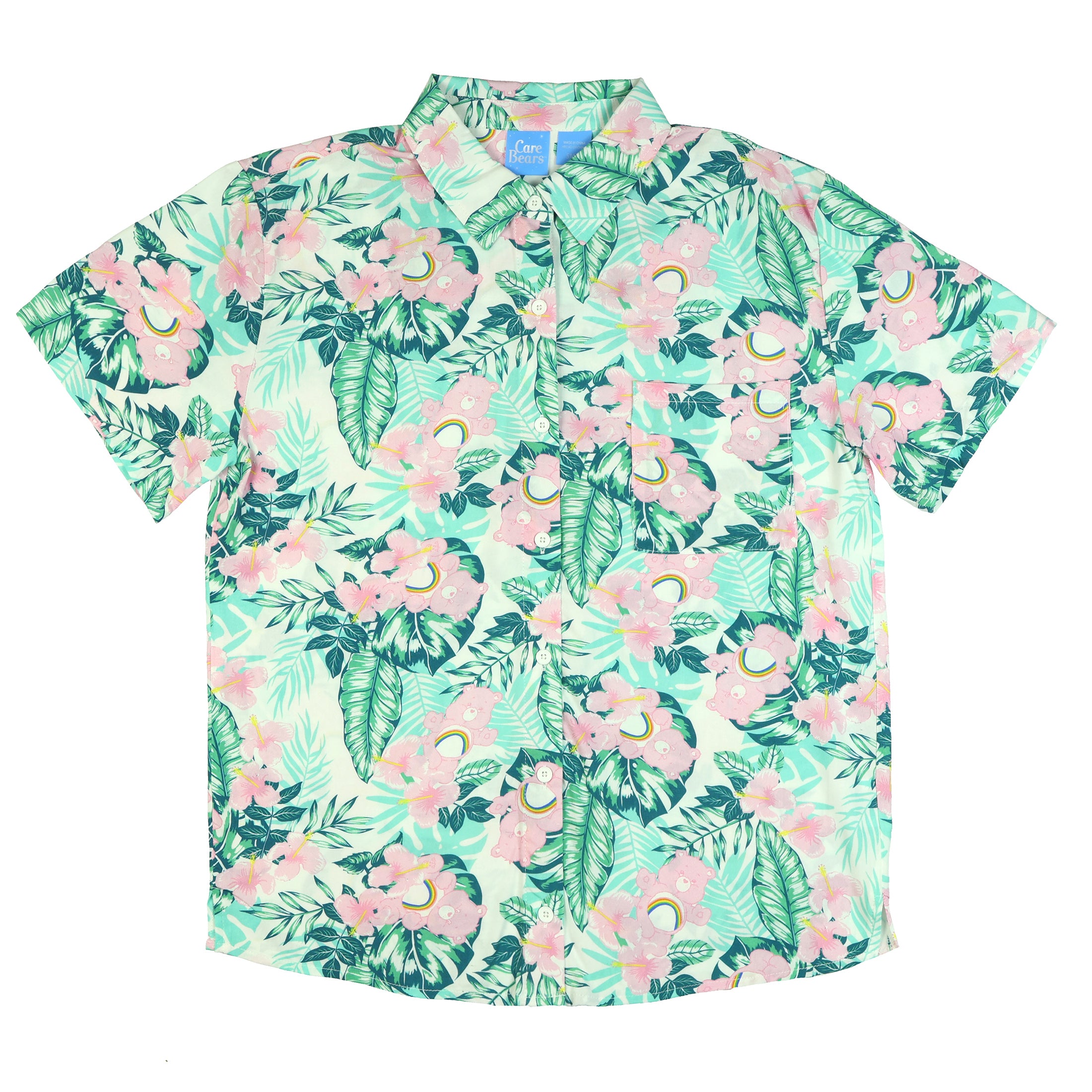 Care Bears Hawaiian Shirt Junior Women's Cheer Bear Tropical Button Up Top