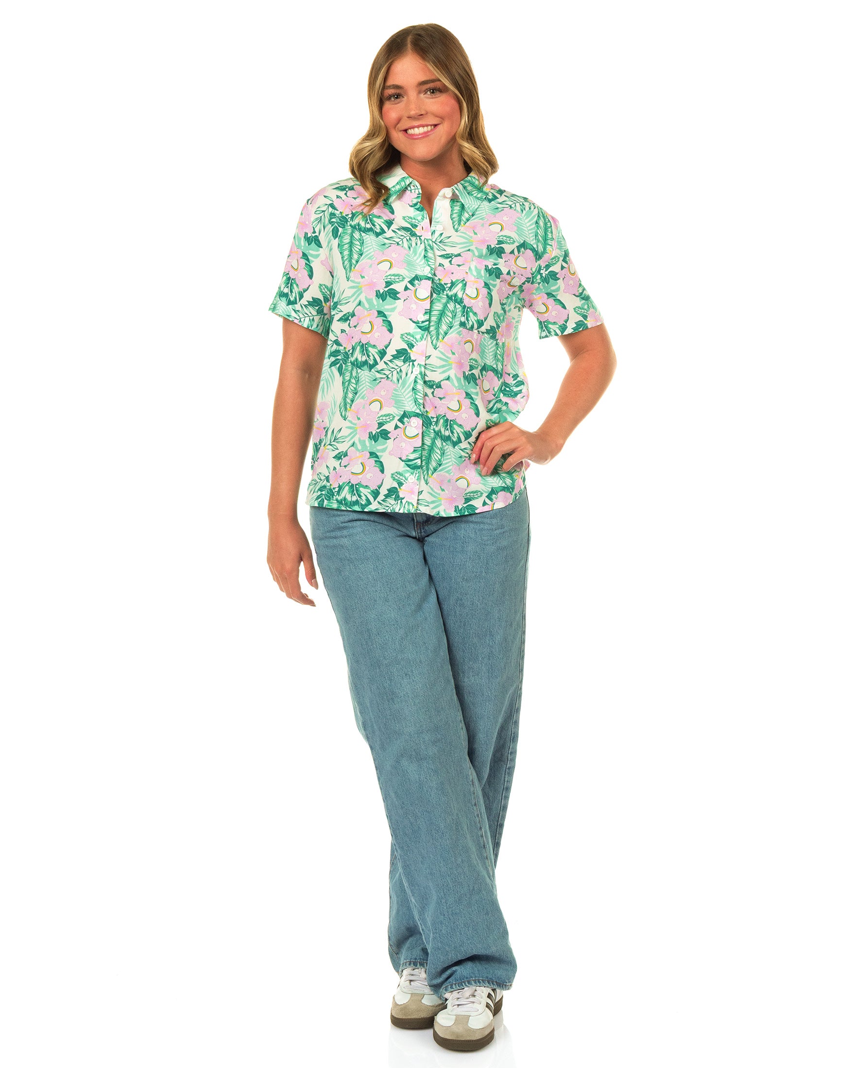 Care Bears Hawaiian Shirt Junior Women's Cheer Bear Tropical Button Up Top