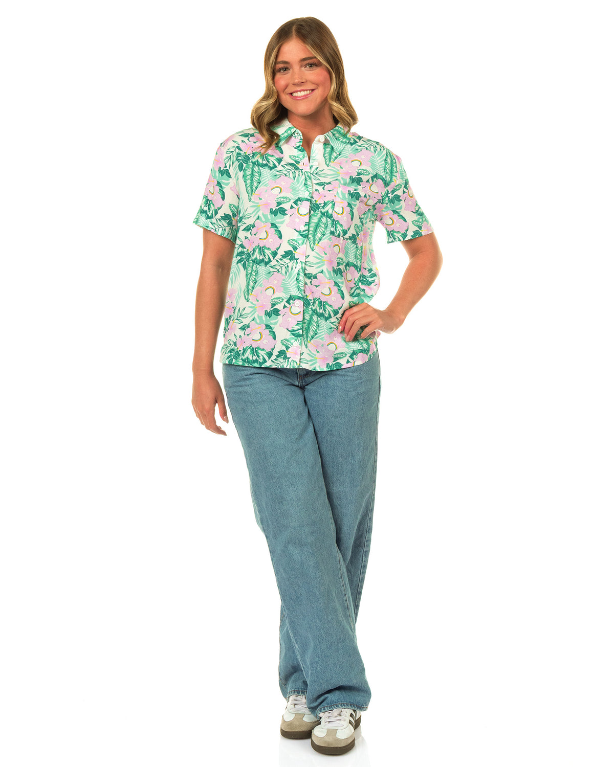 Care Bears Hawaiian Shirt Junior Women's Cheer Bear Tropical Button Up Top