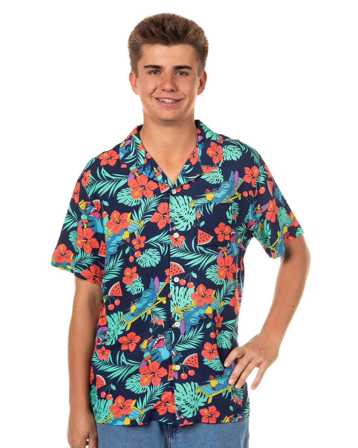 Disney Lilo and Stitch Men's Hawaiian Shirt Tropical Party Button Up Top