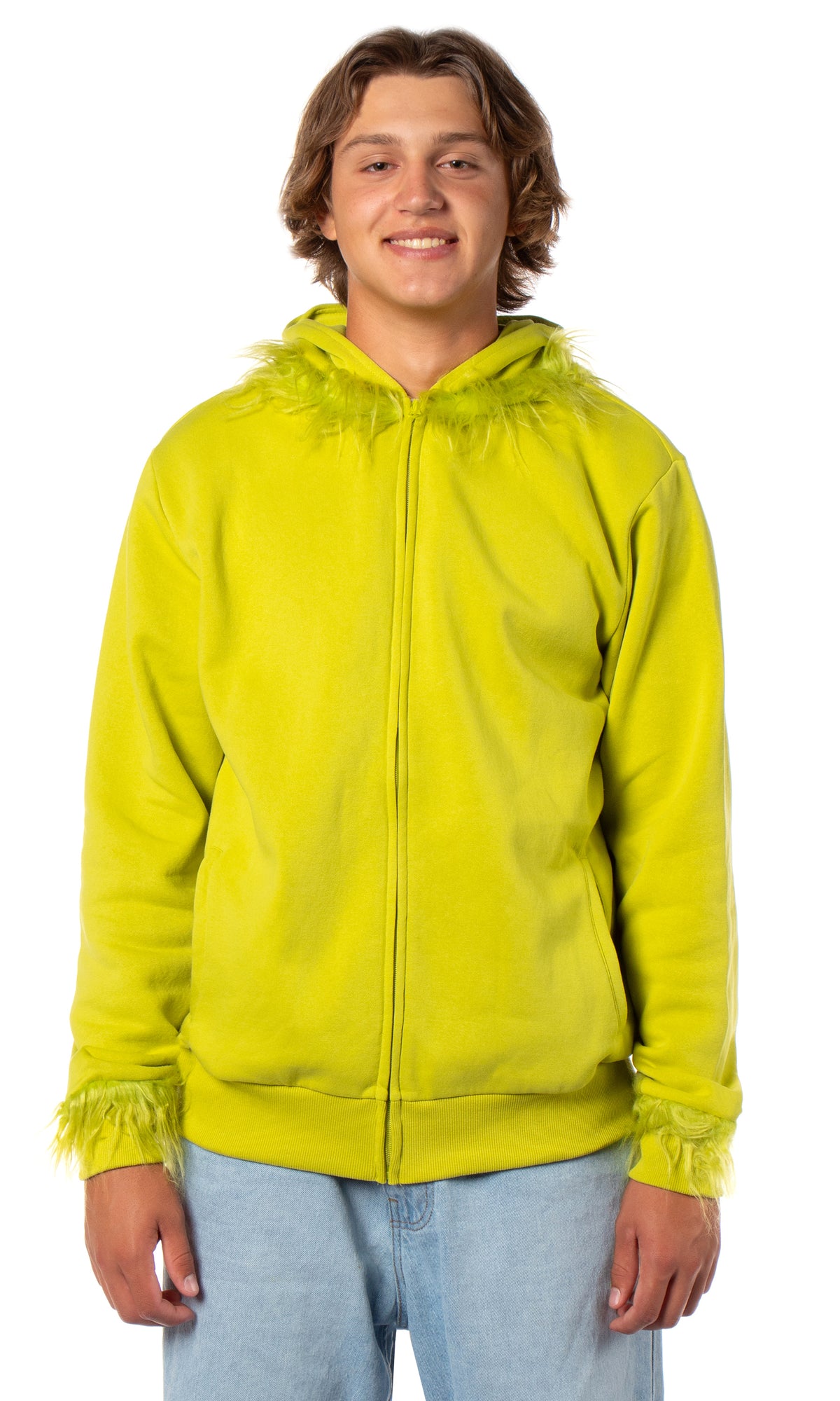 Dr Seuss Men's The Grinch Faux Hair Costume Character Zip-Up Hoodie