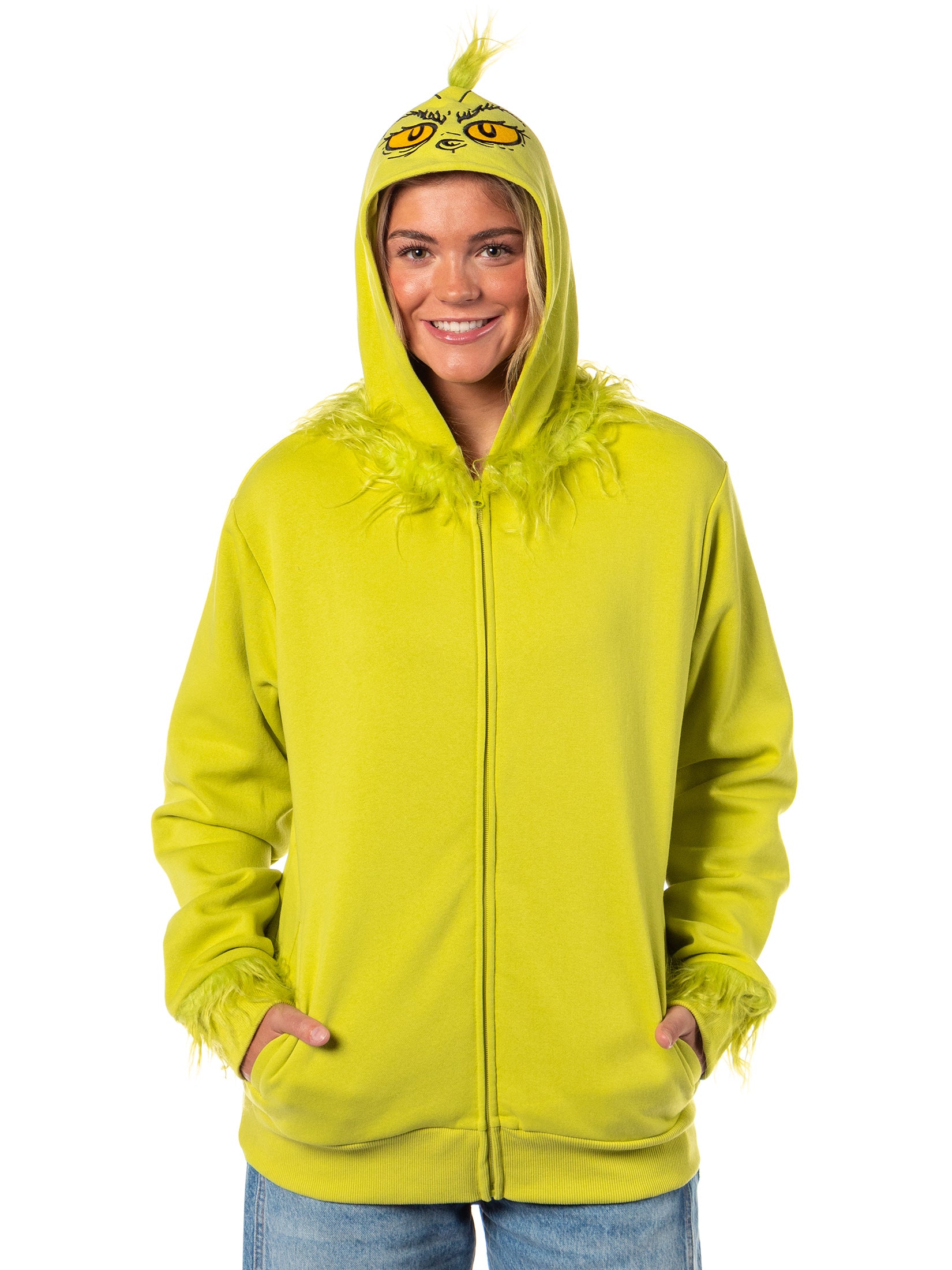 Dr Seuss Men's The Grinch Faux Hair Costume Character Zip-Up Hoodie