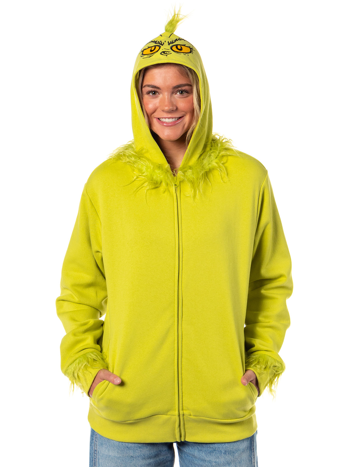 Dr Seuss Men's The Grinch Faux Hair Costume Character Zip-Up Hoodie