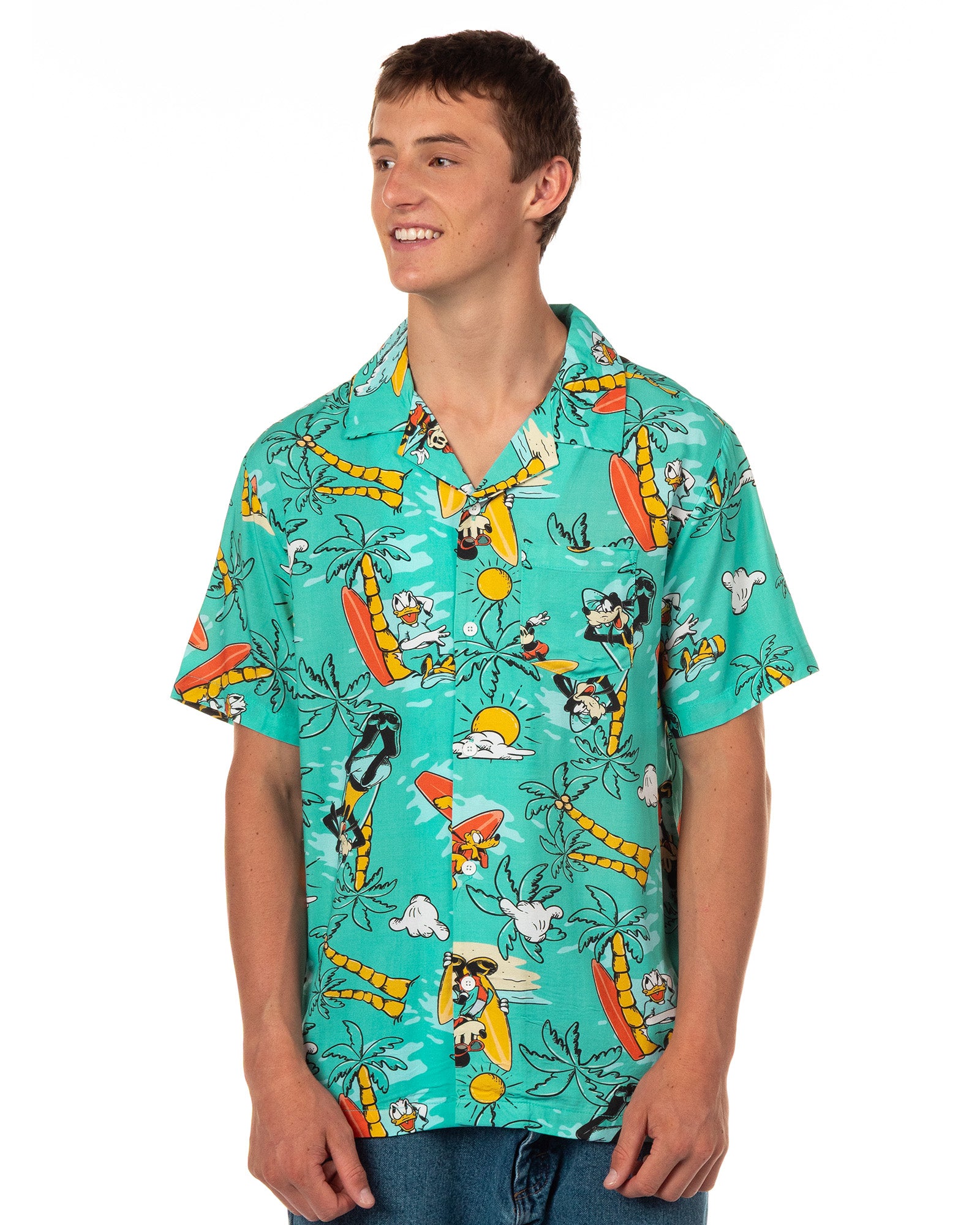 Disney Mickey and Friends Teal Tropical Hawaiian Shirt Men's Button Up Top