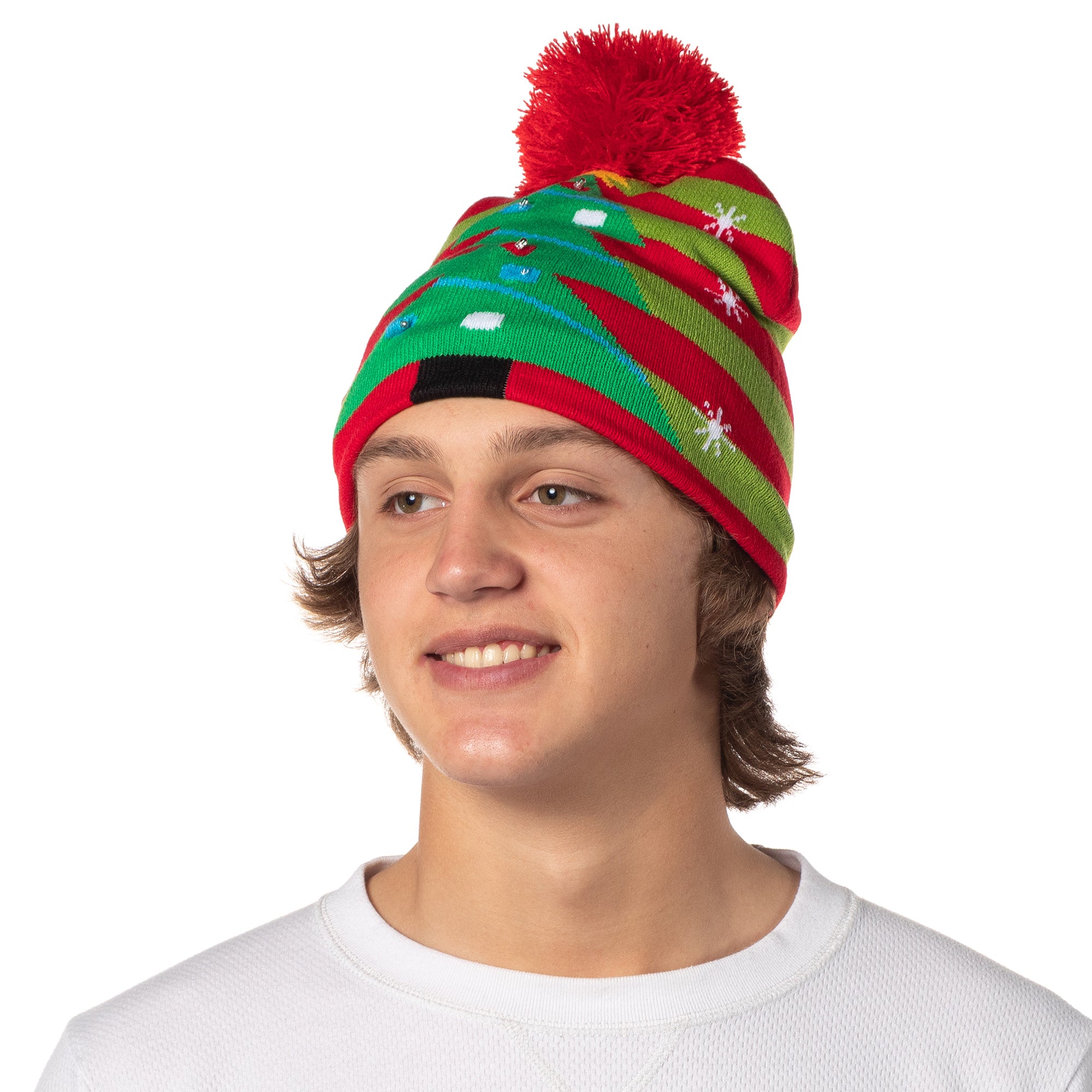 Festive Holiday Novelty Adult Light Up Knit Beanie Pom Pom Hat Cap OSFM