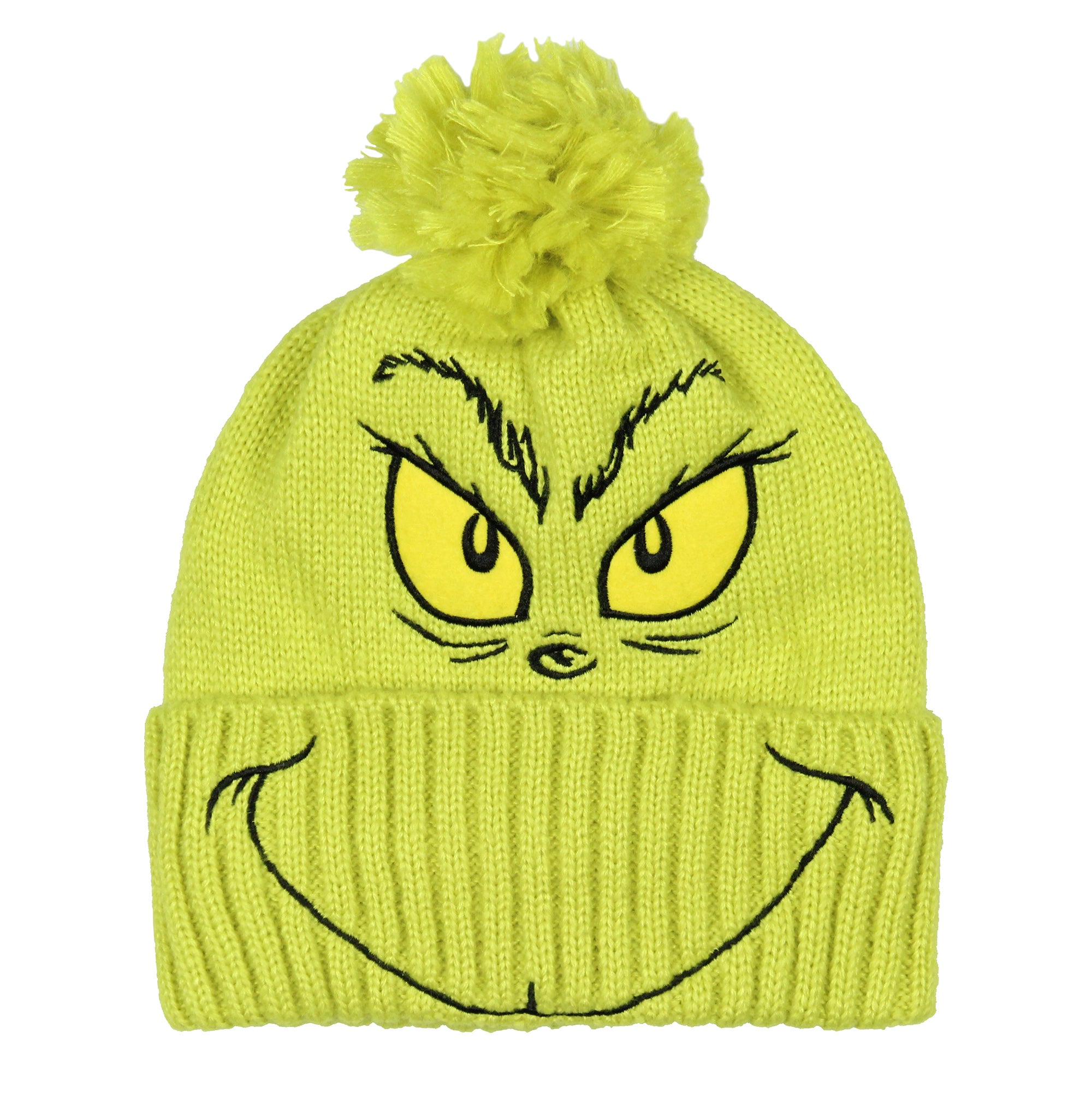 Dr. Seuss The Grinch Embroidered Design Knit Scarf and Pom Beanie Set