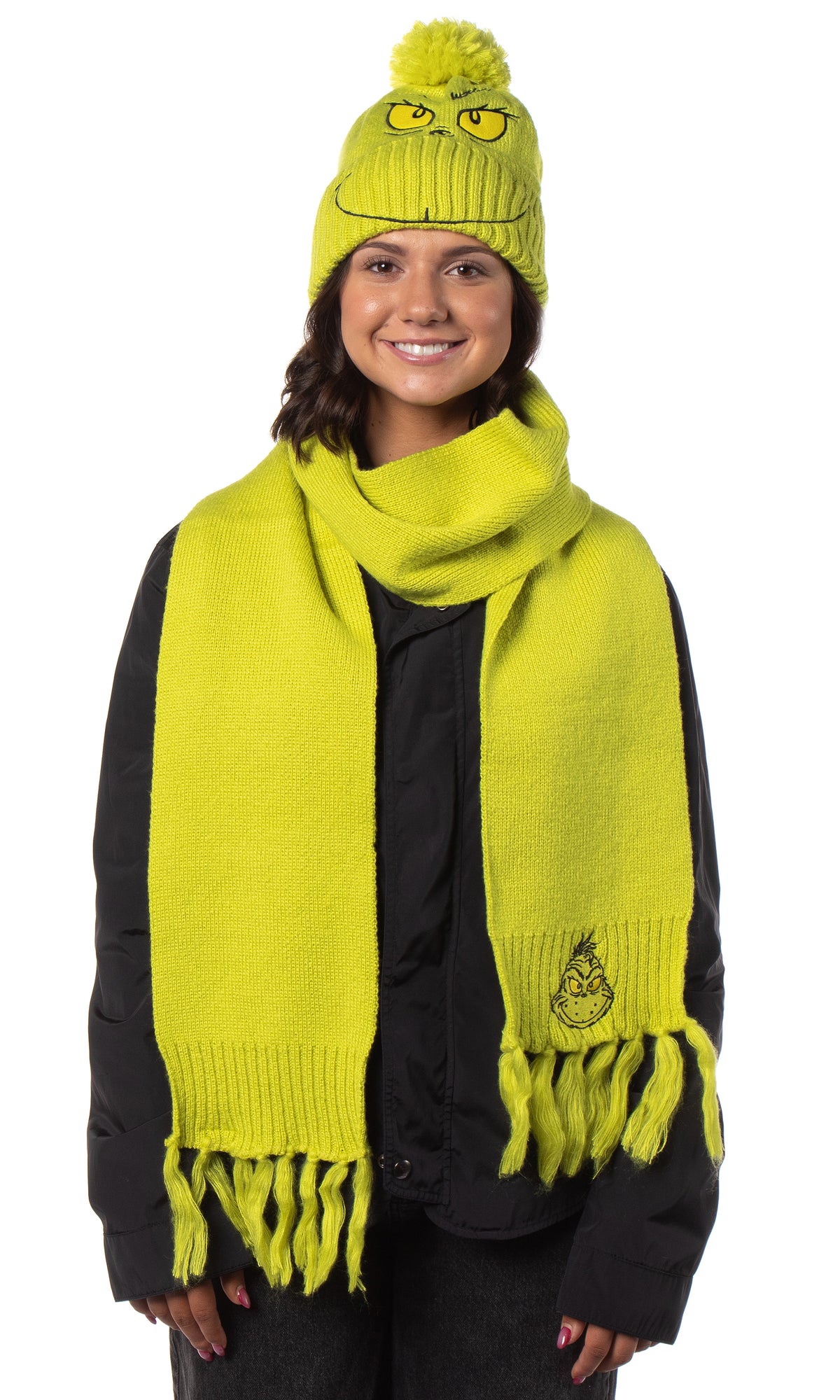 Dr. Seuss The Grinch Embroidered Design Knit Scarf and Pom Beanie Set