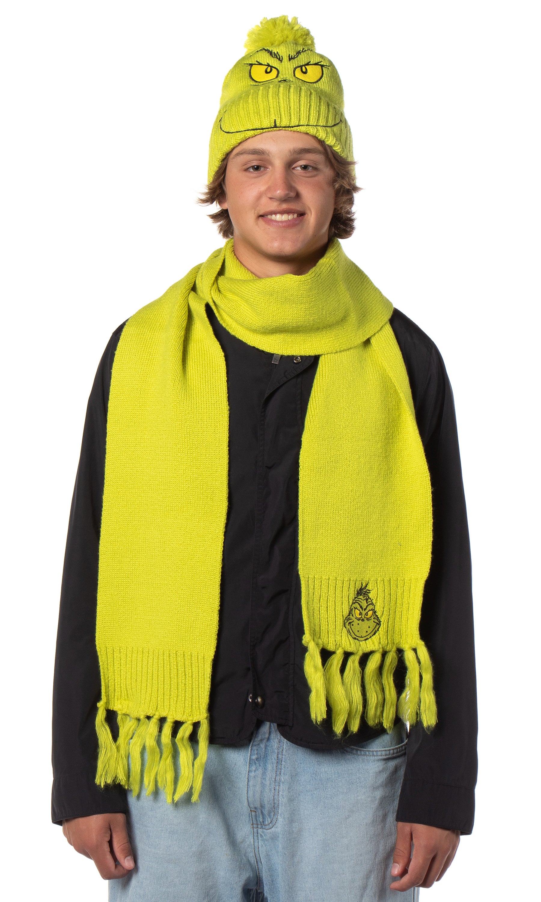 Dr. Seuss The Grinch Embroidered Design Knit Scarf and Pom Beanie Set