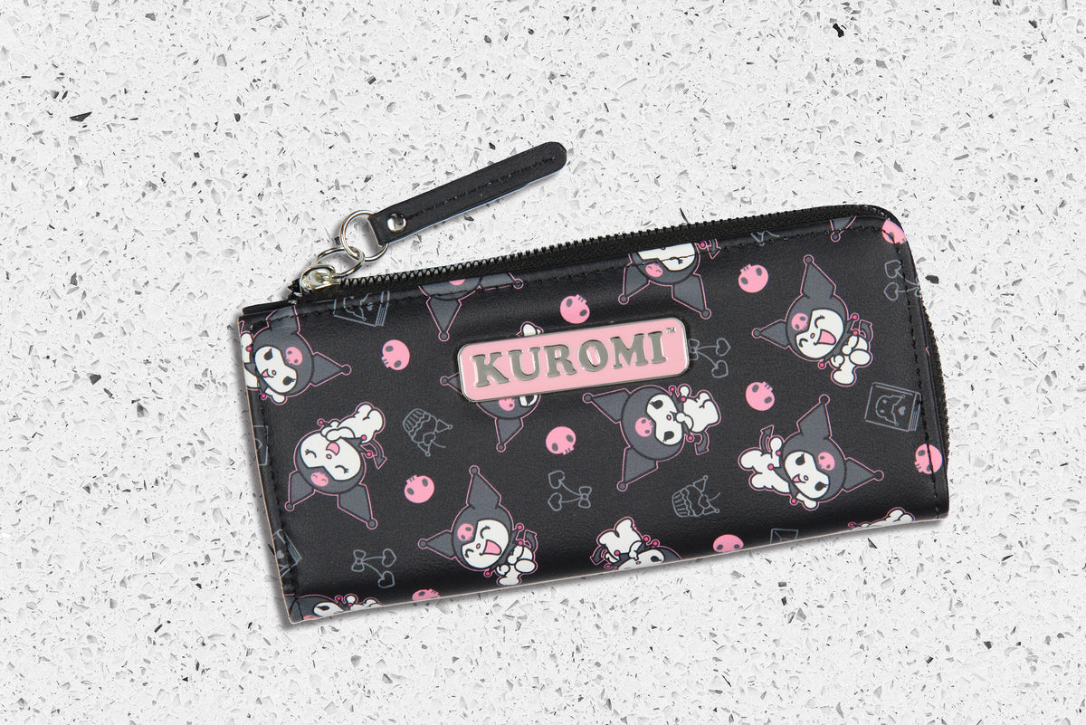 Kuromi Allover Design Faux Leather Full Zip Wallet With Metal Badge