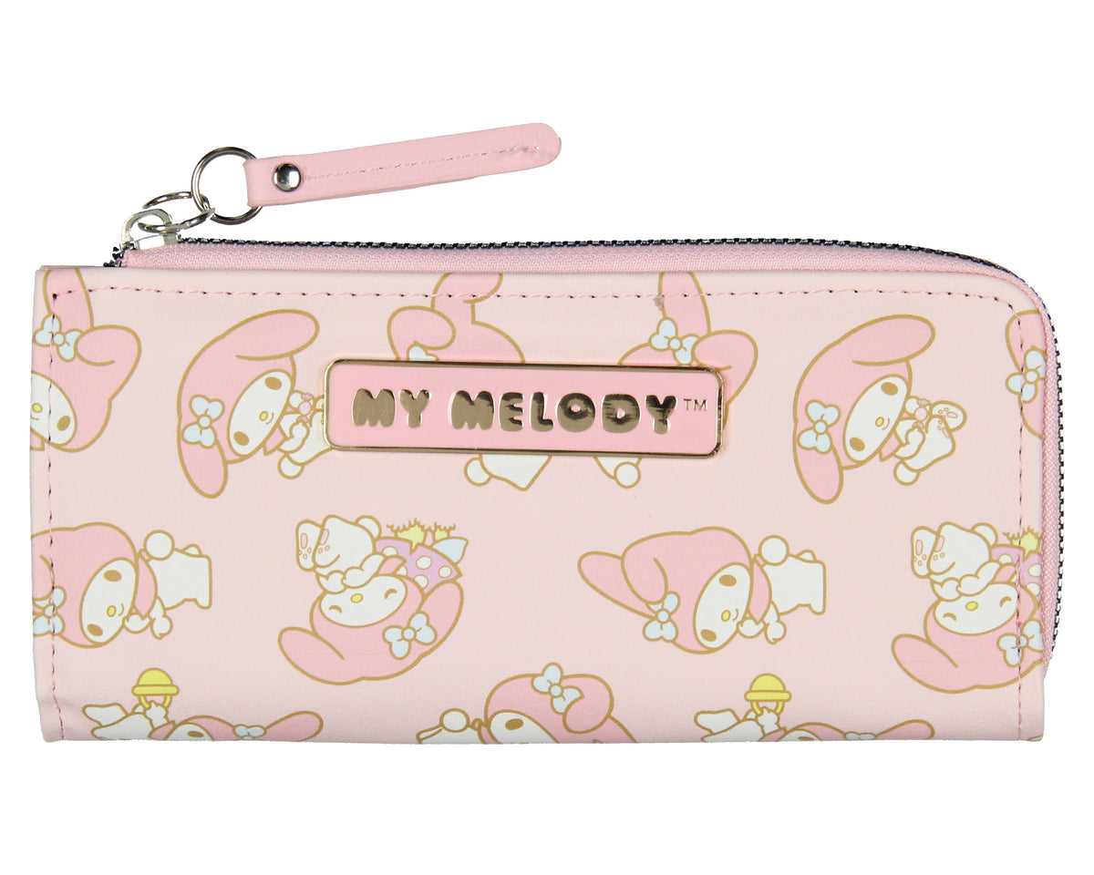 My Melody Allover Design Faux Leather Full Zip Wallet Metal Logo Badge