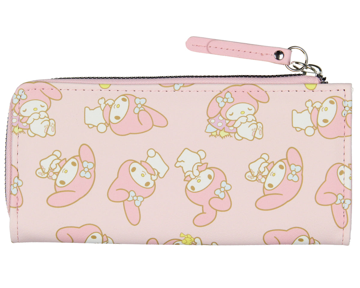 My Melody Allover Design Faux Leather Full Zip Wallet Metal Logo Badge