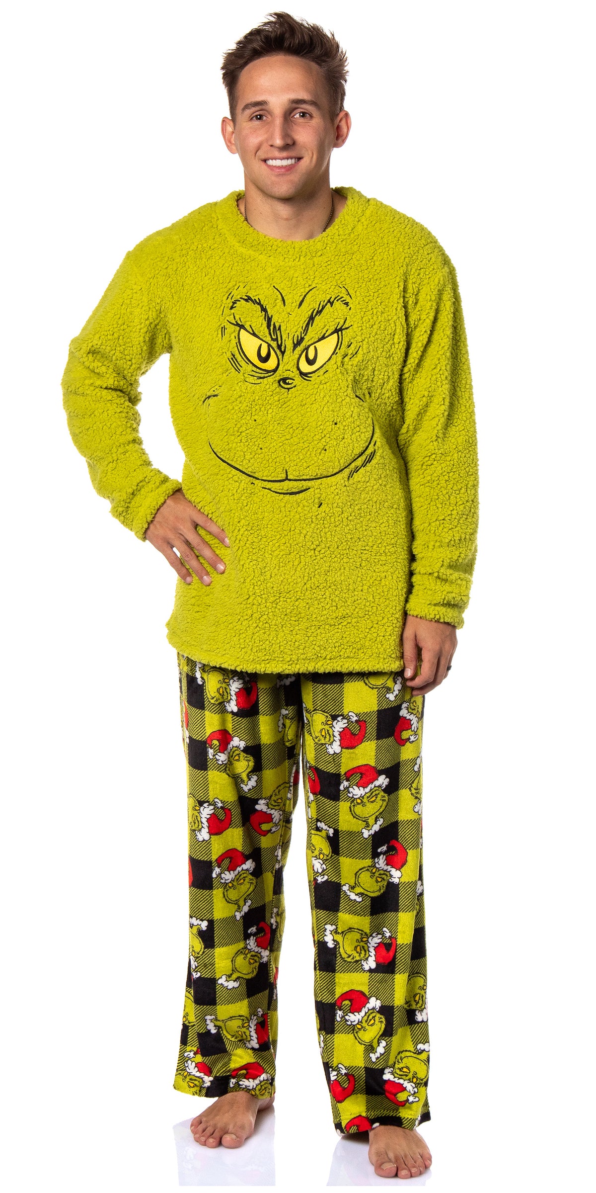Dr. Seuss GRINCH Santa Plaid Plush Fleece Pajama Sleep Set