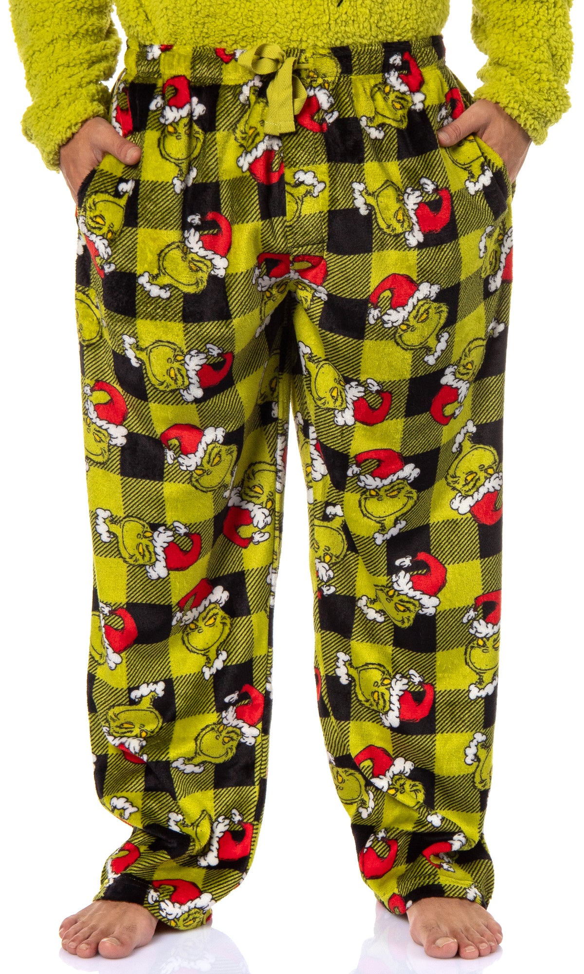 Dr. Seuss GRINCH Santa Plaid Plush Fleece Pajama Sleep Set