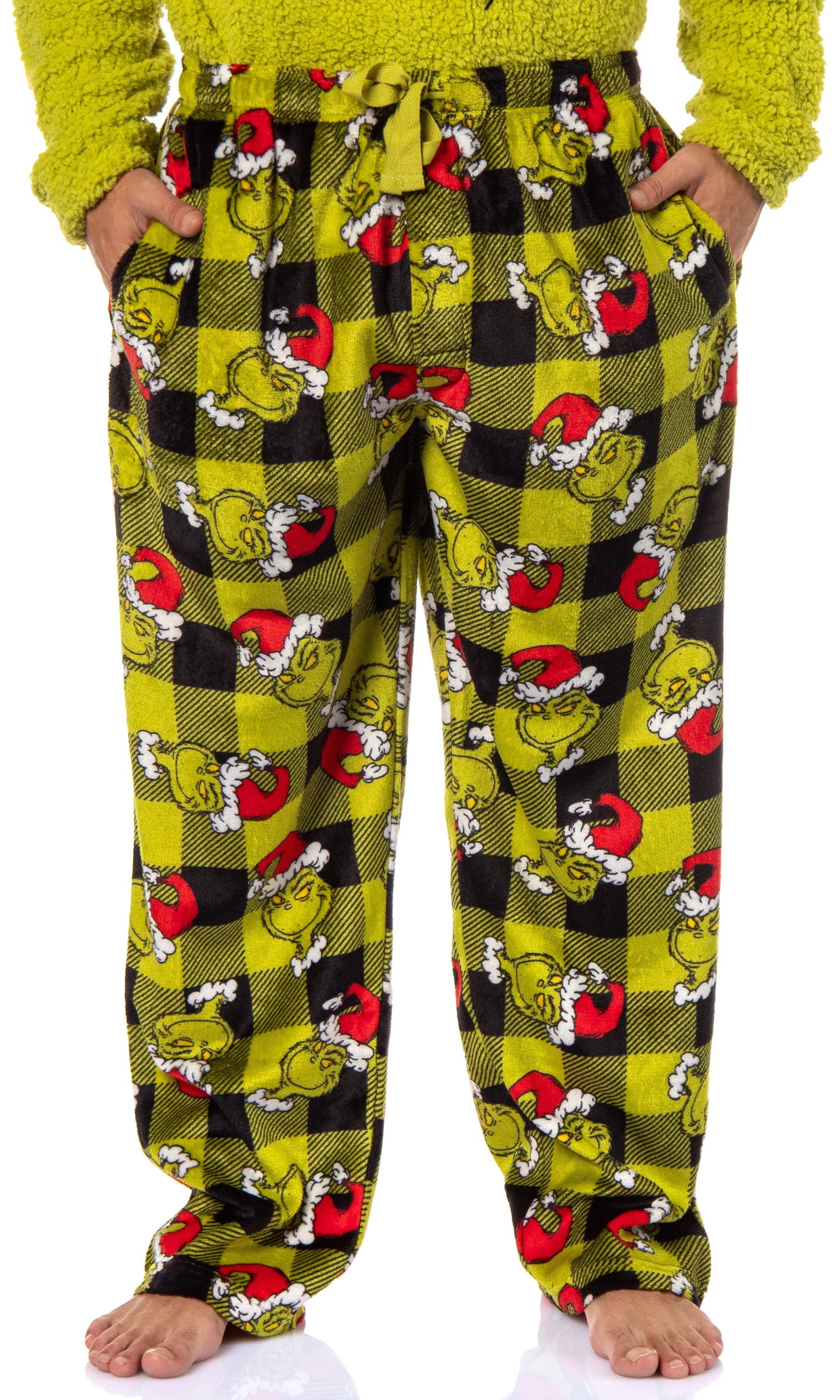Dr. Seuss GRINCH Santa Plaid Plush Fleece Pajama Sleep Set