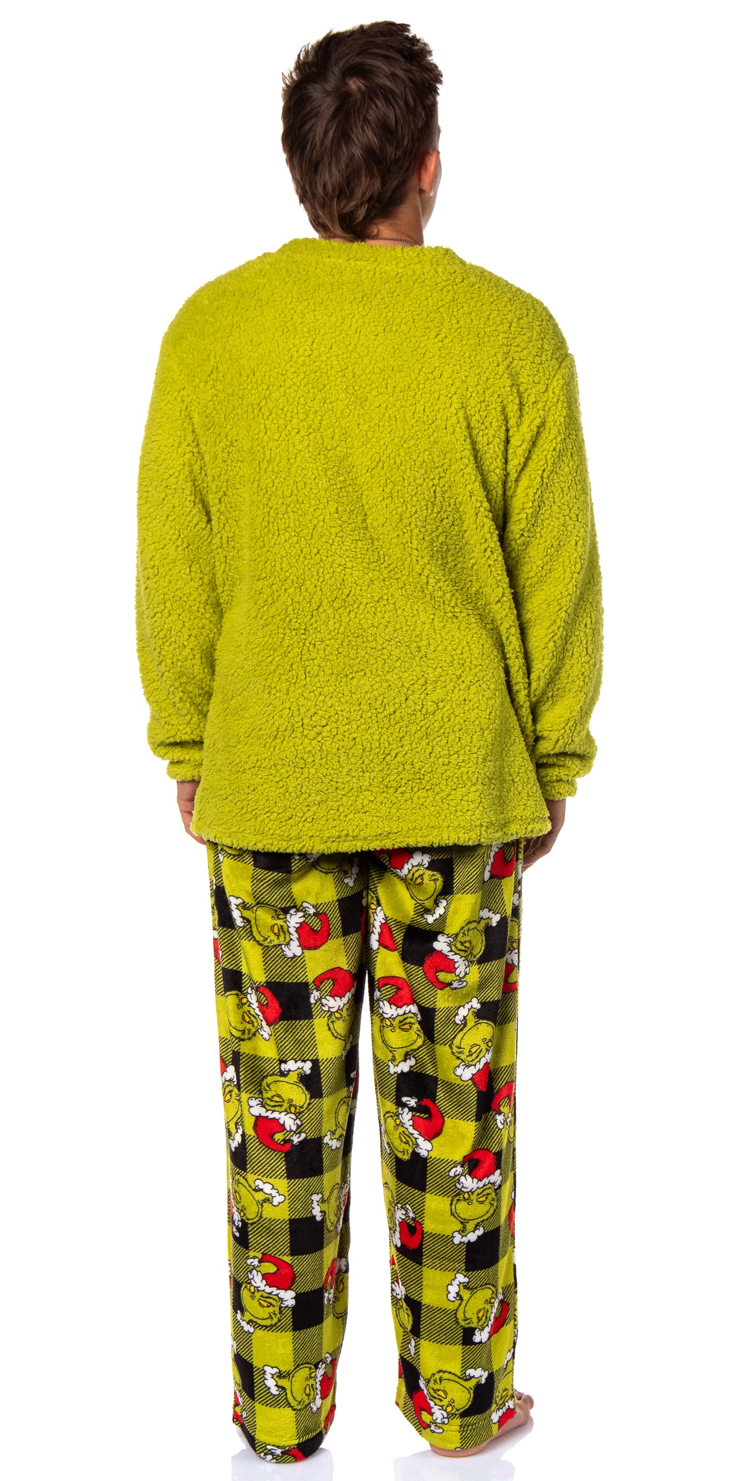 Dr. Seuss GRINCH Santa Plaid Plush Fleece Pajama Sleep Set