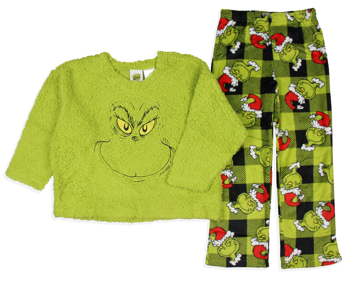 Dr. Seuss GRINCH Santa Plaid Plush Fleece Pajama Sleep Set