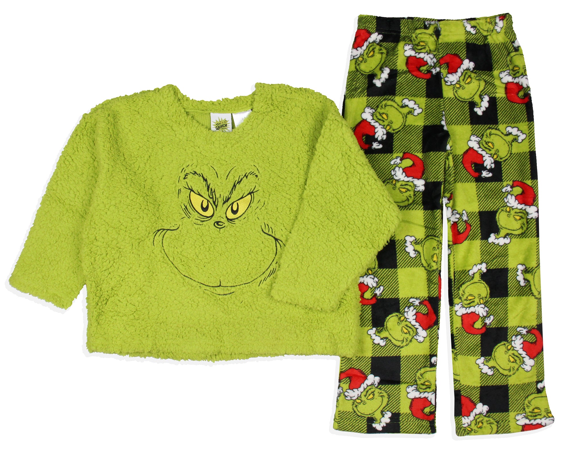 Dr. Seuss GRINCH Santa Plaid Plush Fleece Pajama Sleep Set