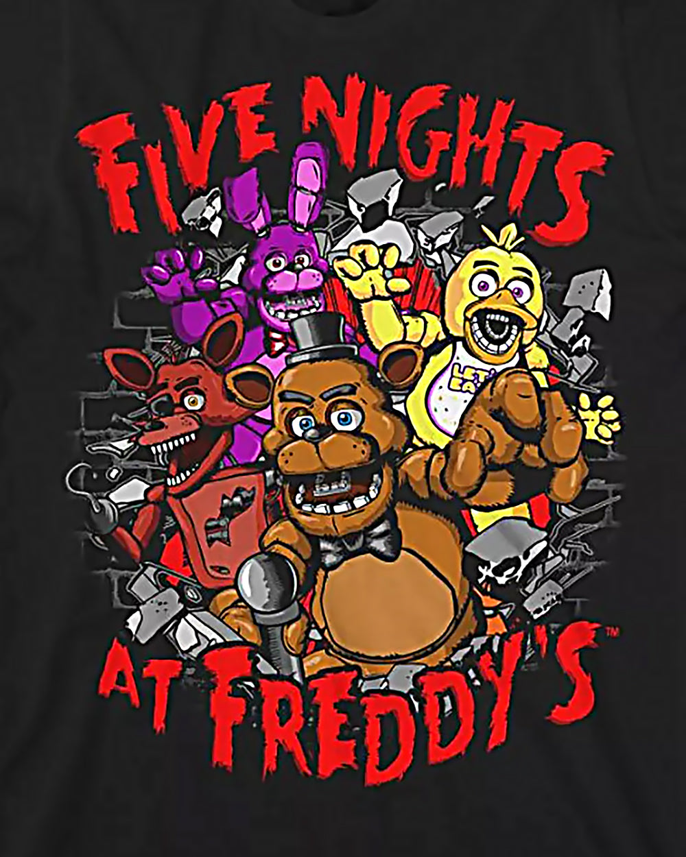 Five Night's At Freddy's Shirt Boy's Bonnie Chica Foxy Bust Through Wall Tee