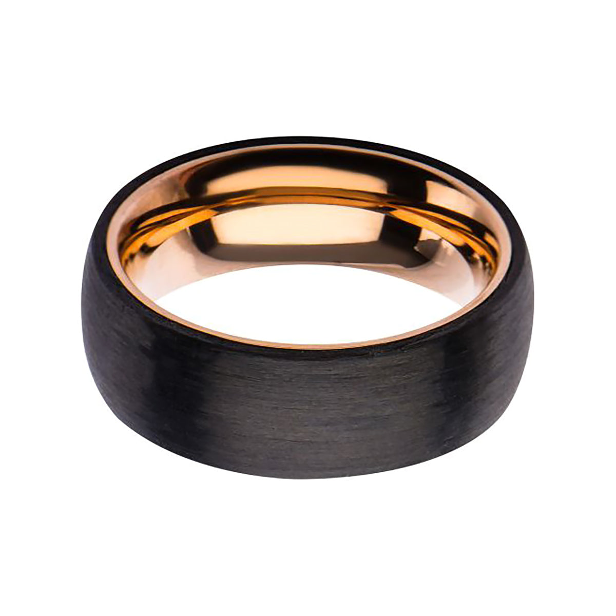 Inox Solid Carved Carbon Graphite Band on IP Rose Gold Stainless Steel Ring. Available Sizes: 9 - 12