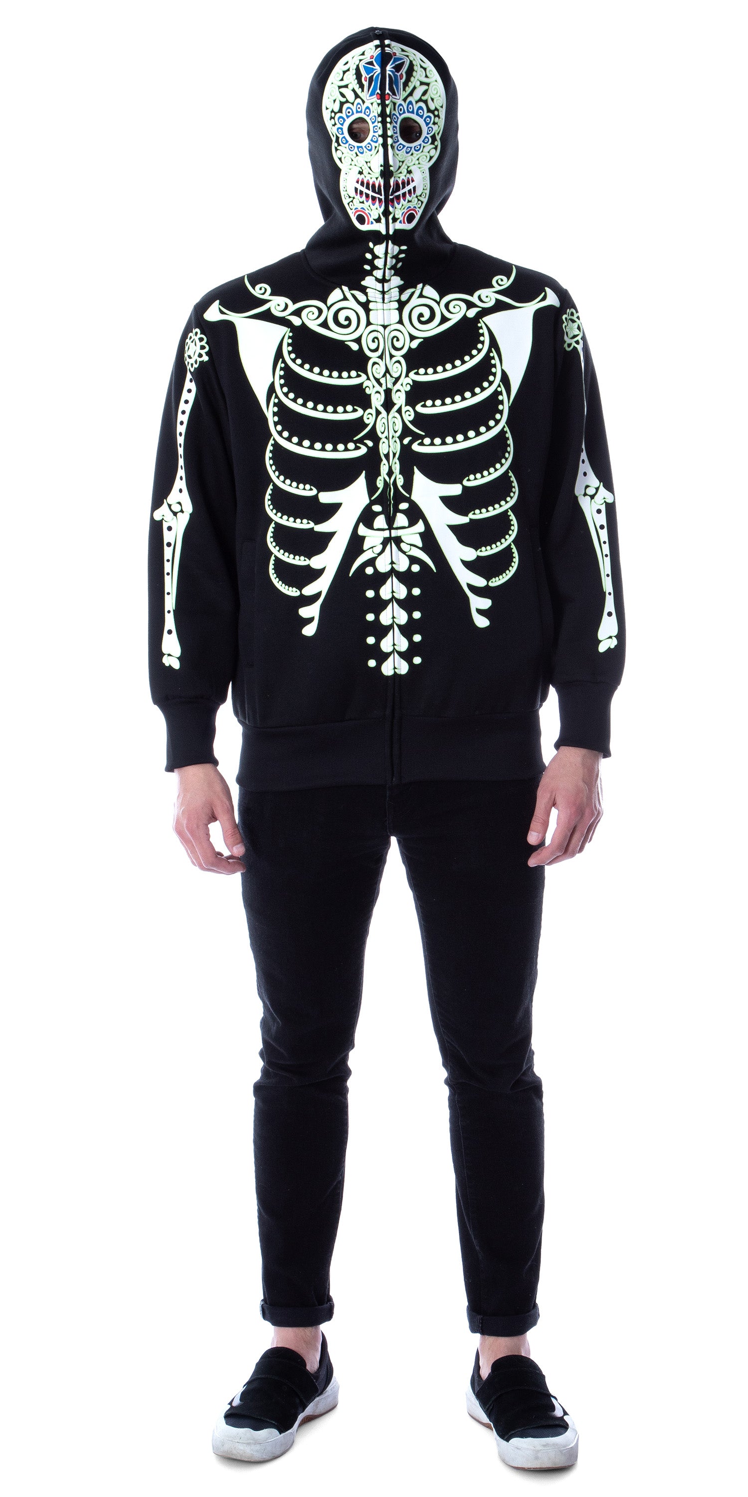 Men's Glow in The Dark Skeleton Costume Zip Hoodie (Dia De Los Muertos, Large)