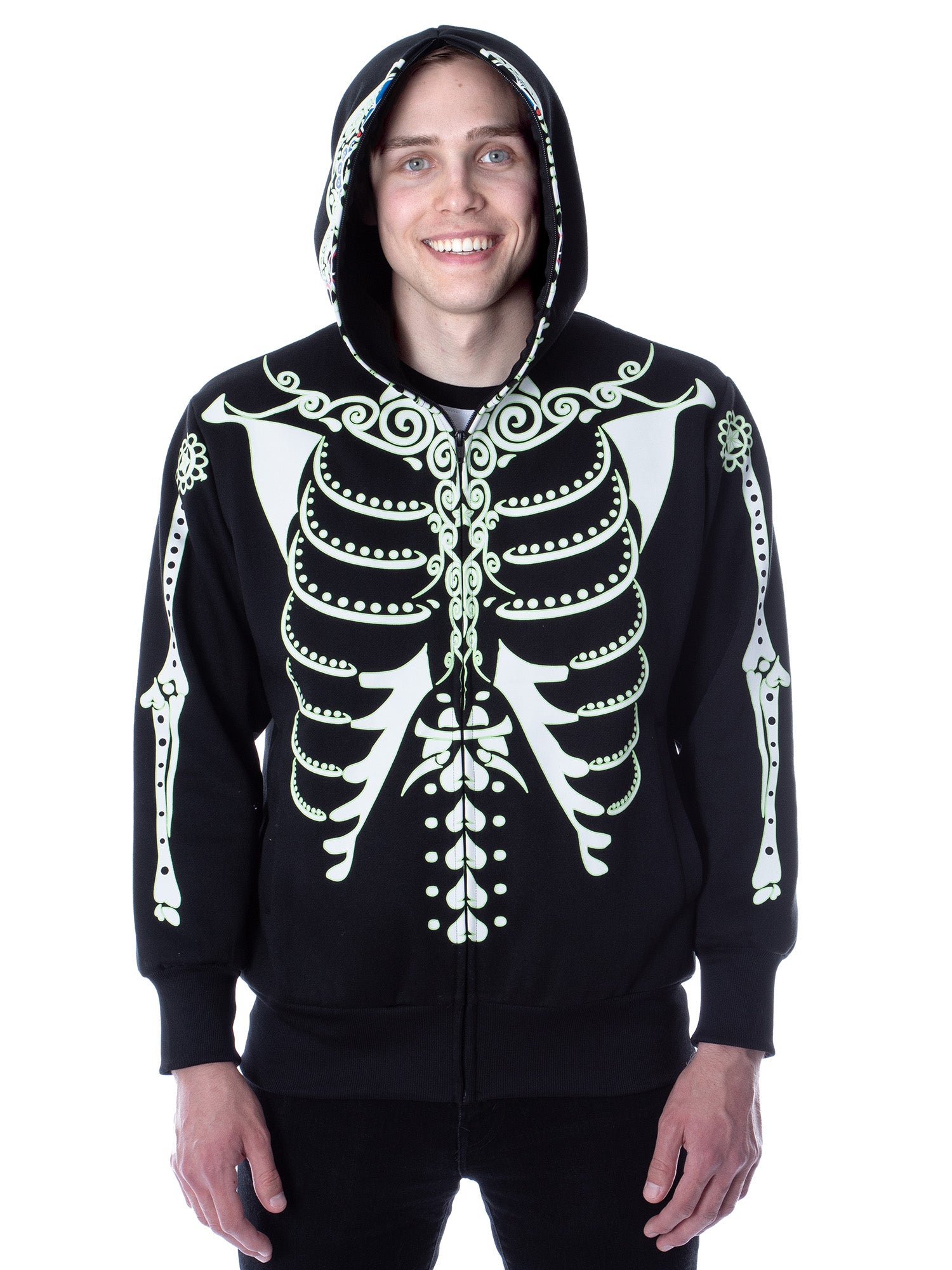 Men's Glow in The Dark Skeleton Costume Zip Hoodie (Dia De Los Muertos, Large)